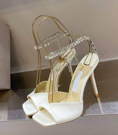 Glitter and Rhinestone Ankle Strap Square Stiletto Heels 695399992506
