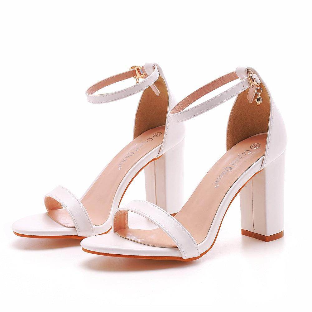 Faux Leather Ankle Strap Pointy Block Heel Sandals 644081624728
