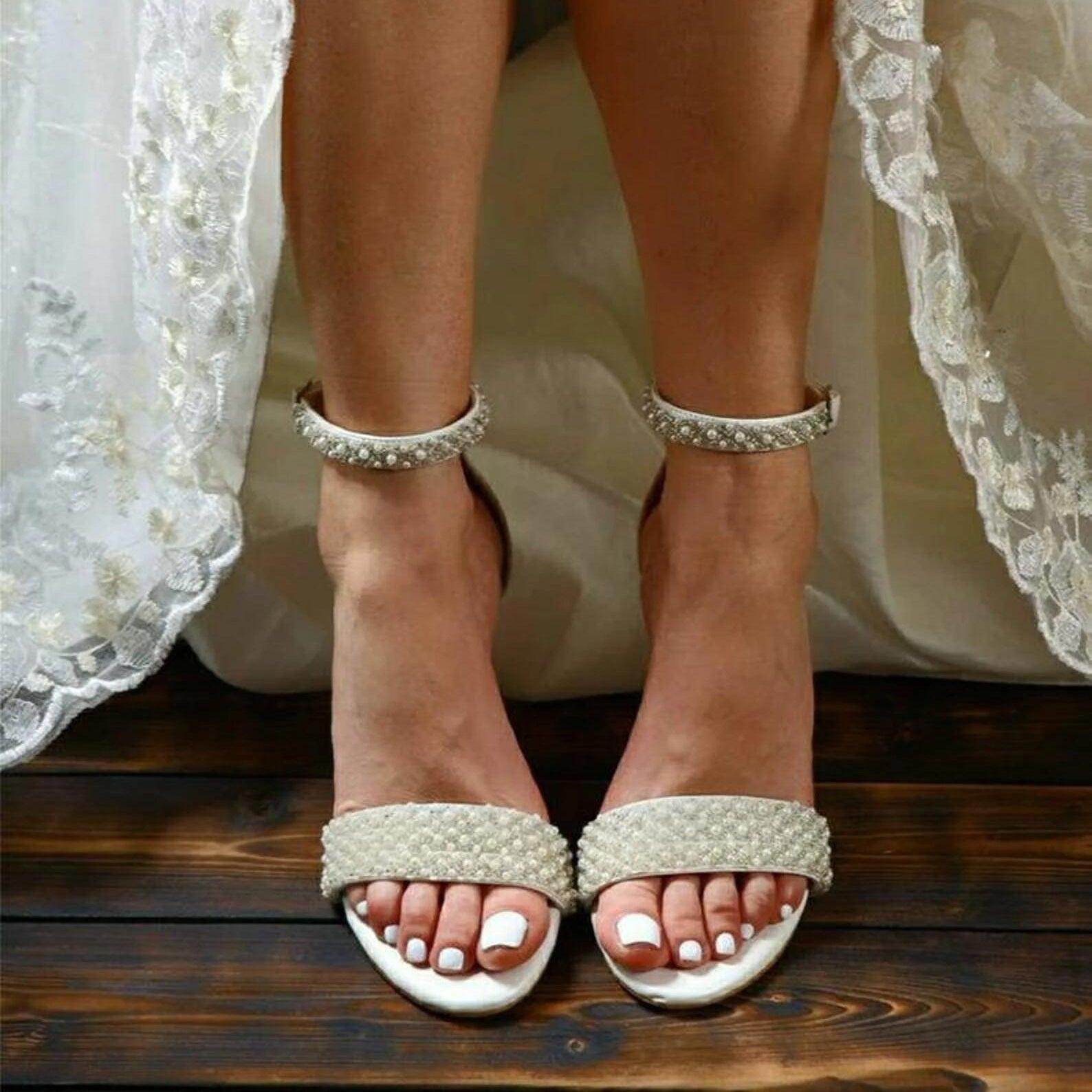 White Pearl Ankle Strap Round Block Heel Sandals 708036540906