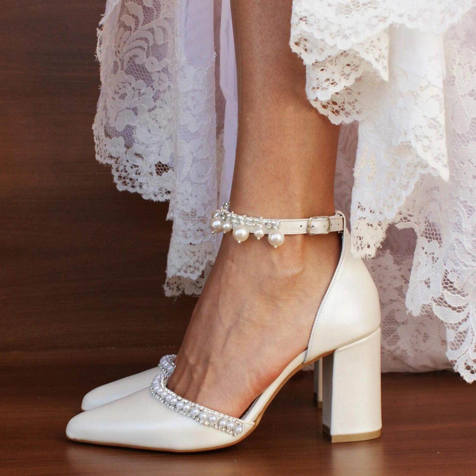 White  Pearl  Ankle Strap Pointy  Block Heels 709119829327