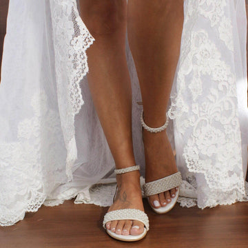 White Pearl Ankle Strap Round Flat Shoes 709075859698