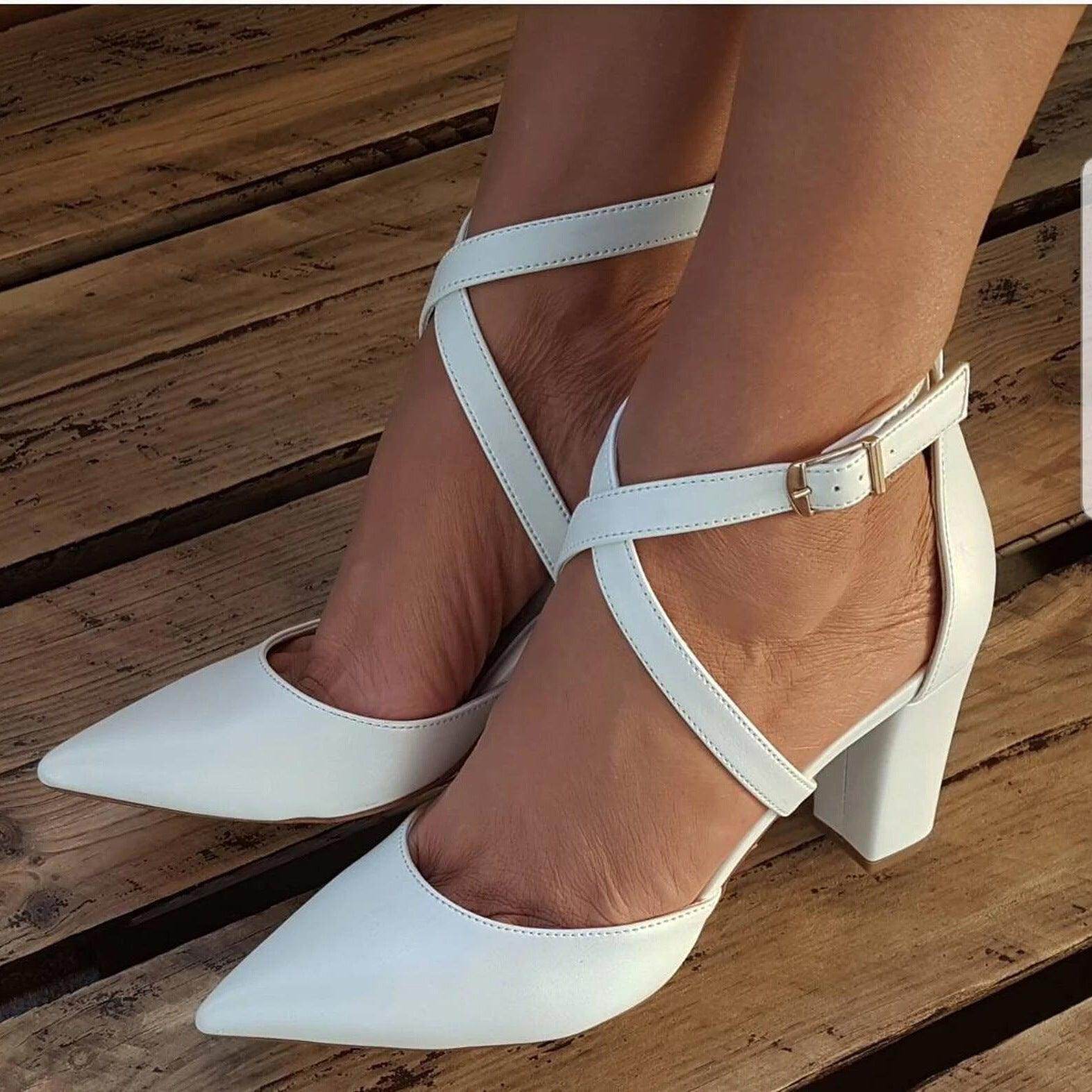 White Cross Pointy  Block Heel Sandals 709079195670