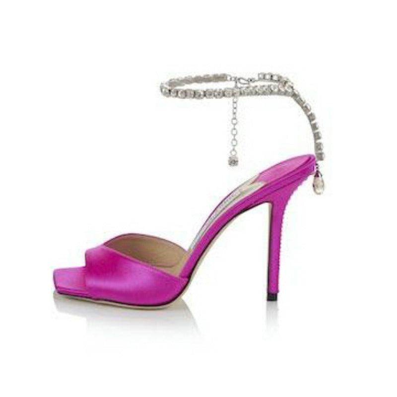 Glitter and Rhinestone Ankle Strap Square Stiletto Heels 695399992506