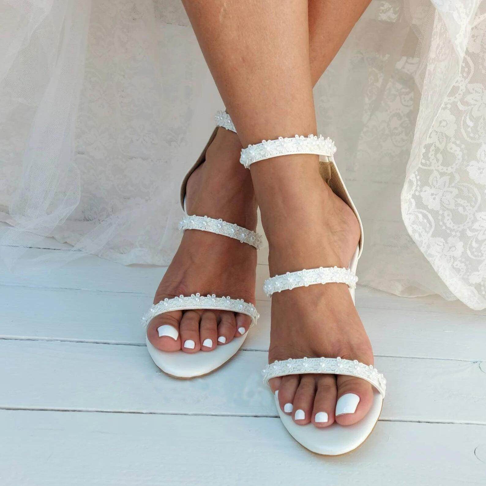 White Lace  Ankle Strap Block Heel Sandals 708995413390