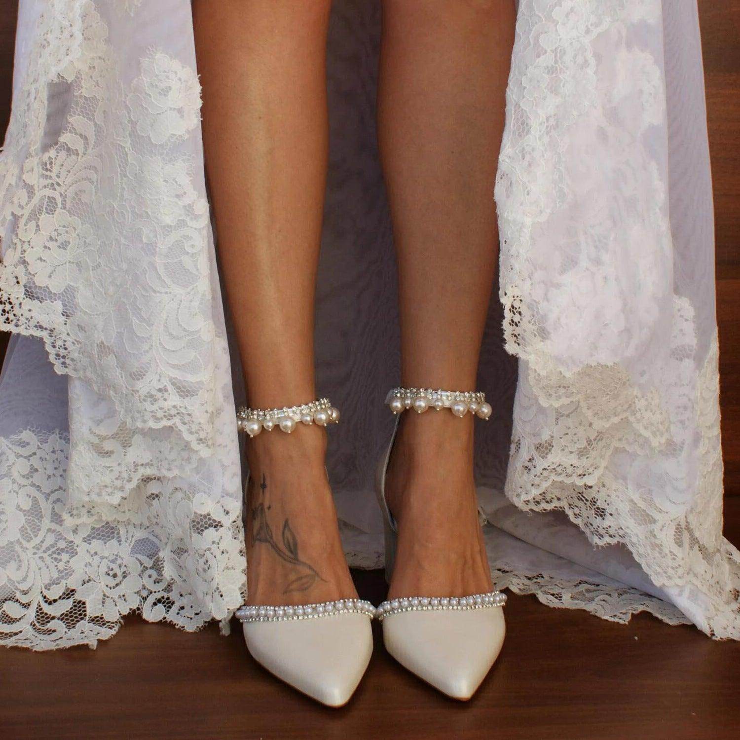 White  Pearl  Ankle Strap Pointy  Block Heels 709119829327