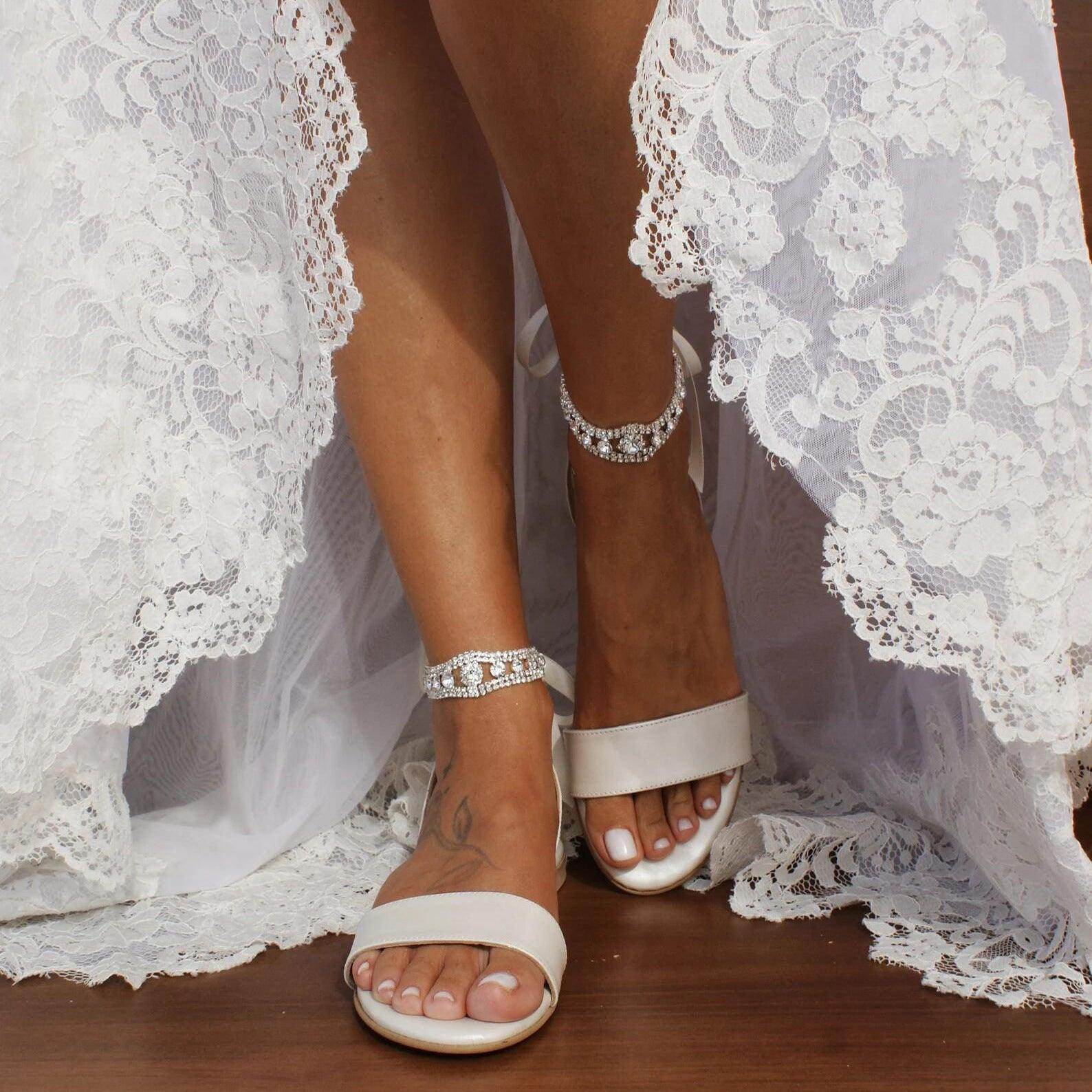 White Rhinestone Ankle Strap Round Flat Shoes 708980263259