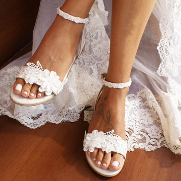 White Lace Ankle Strap Round  Flat Shoes 708762370102