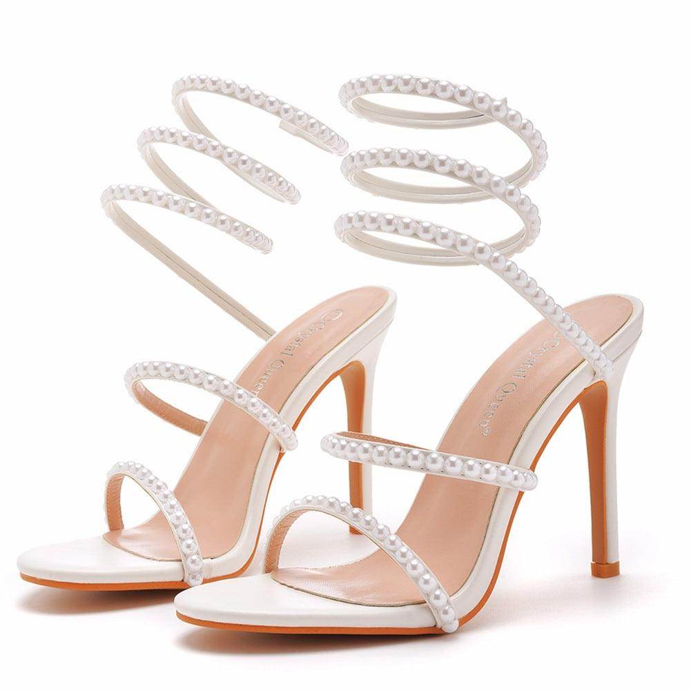 White Pearl Ankle Strap Pointy Stiletto heel Sandals 712542089589