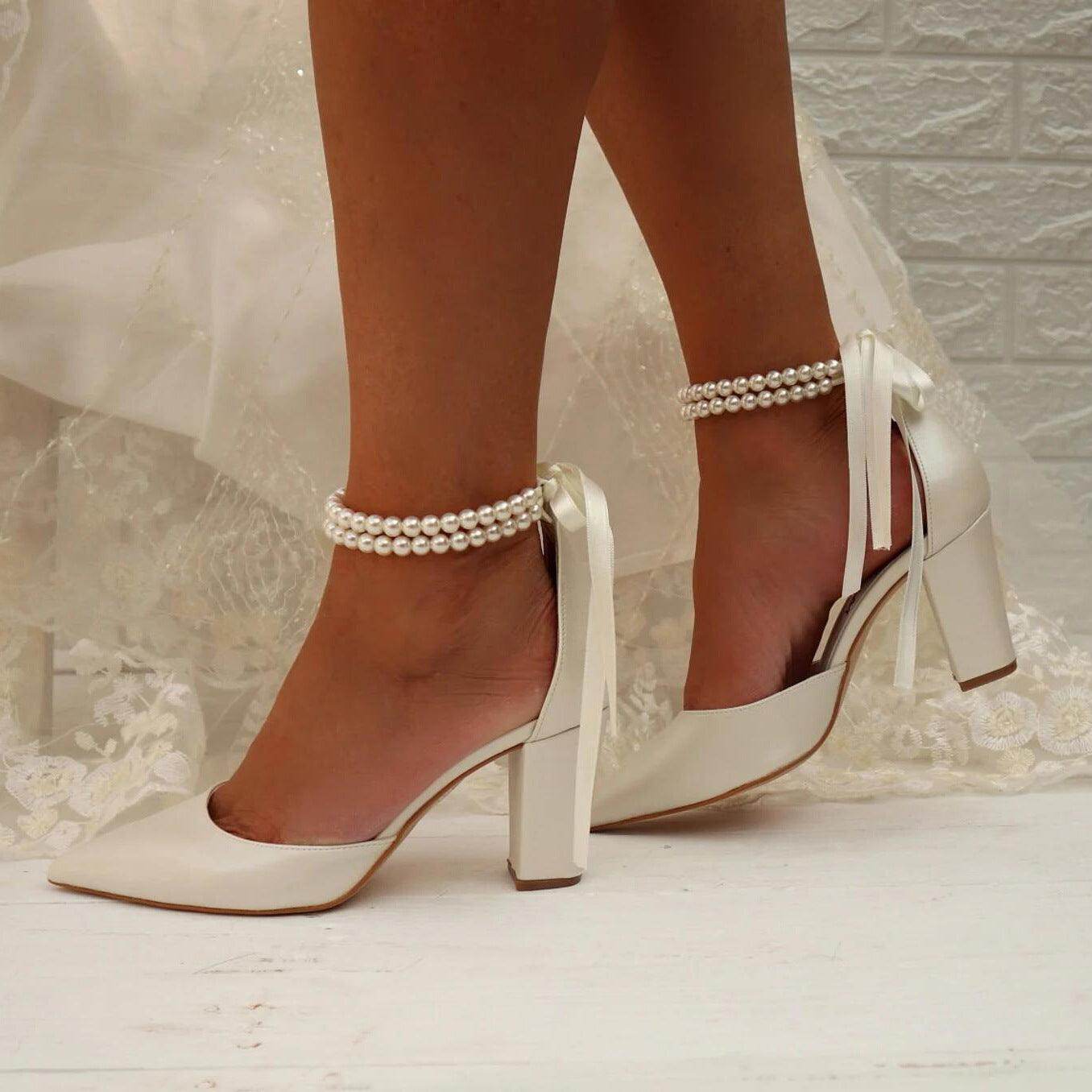 Pearl  white Satin Pointy  Block Heels 708400120081