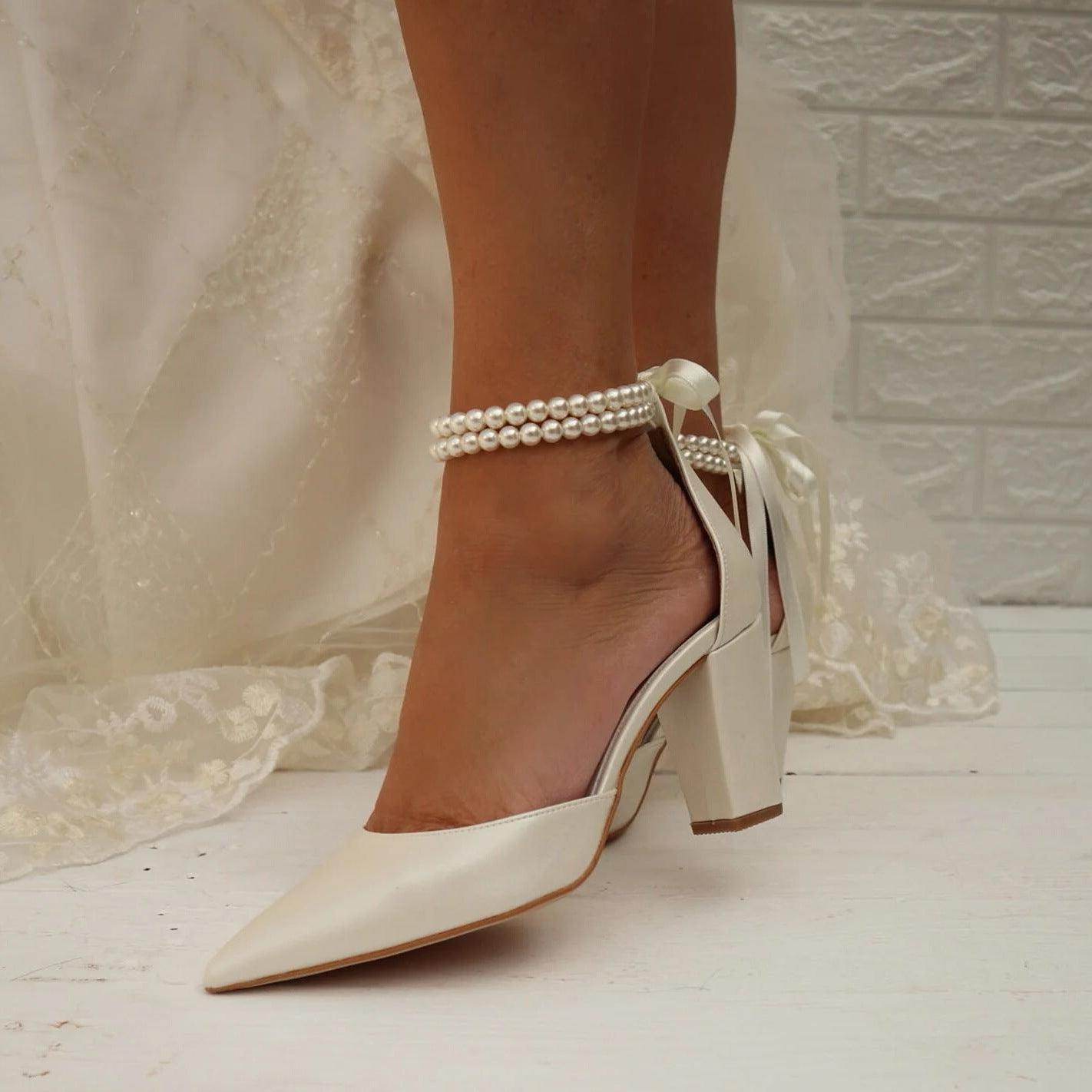Pearl  white Satin Pointy  Block Heels 708400120081