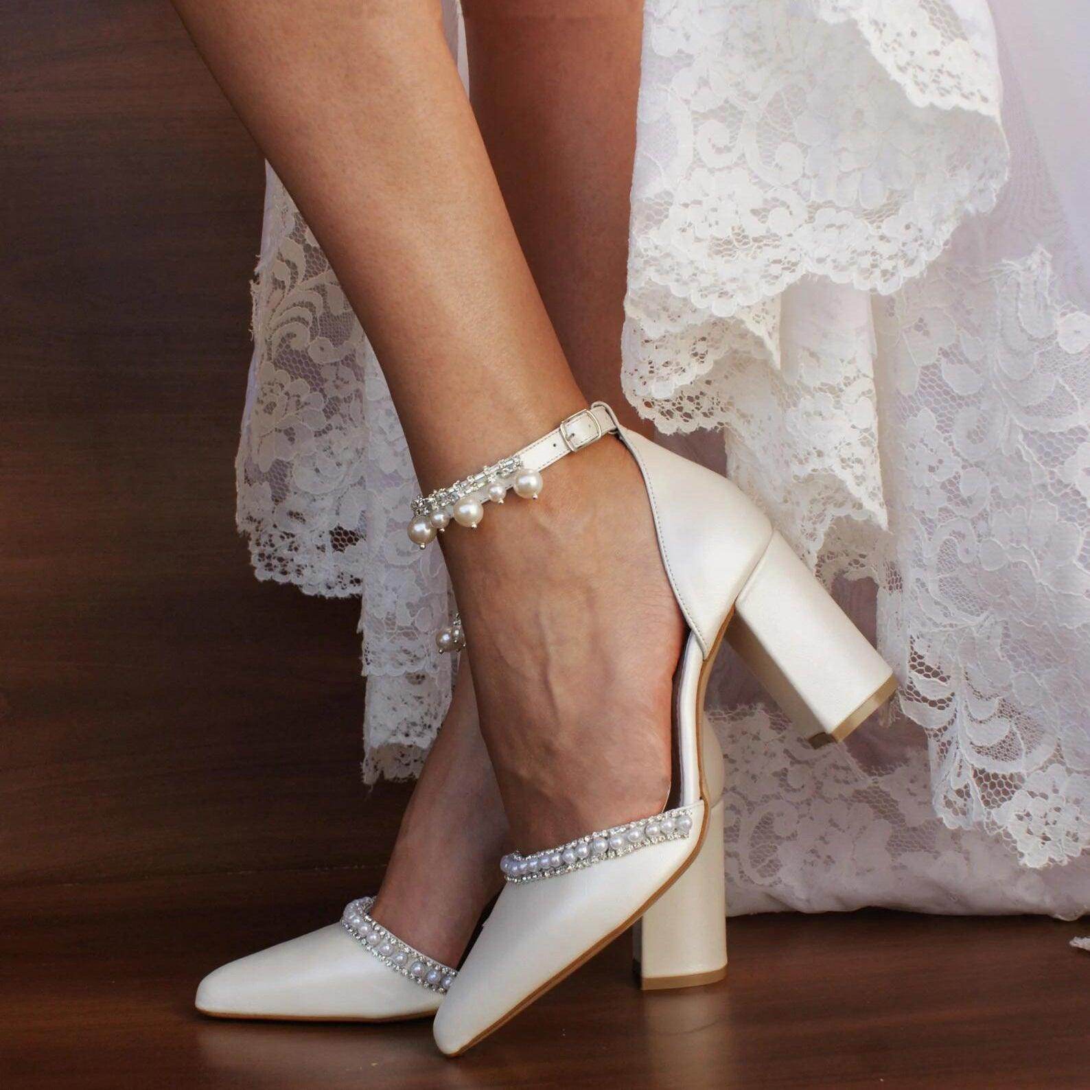 White  Pearl  Ankle Strap Pointy  Block Heels 709119829327