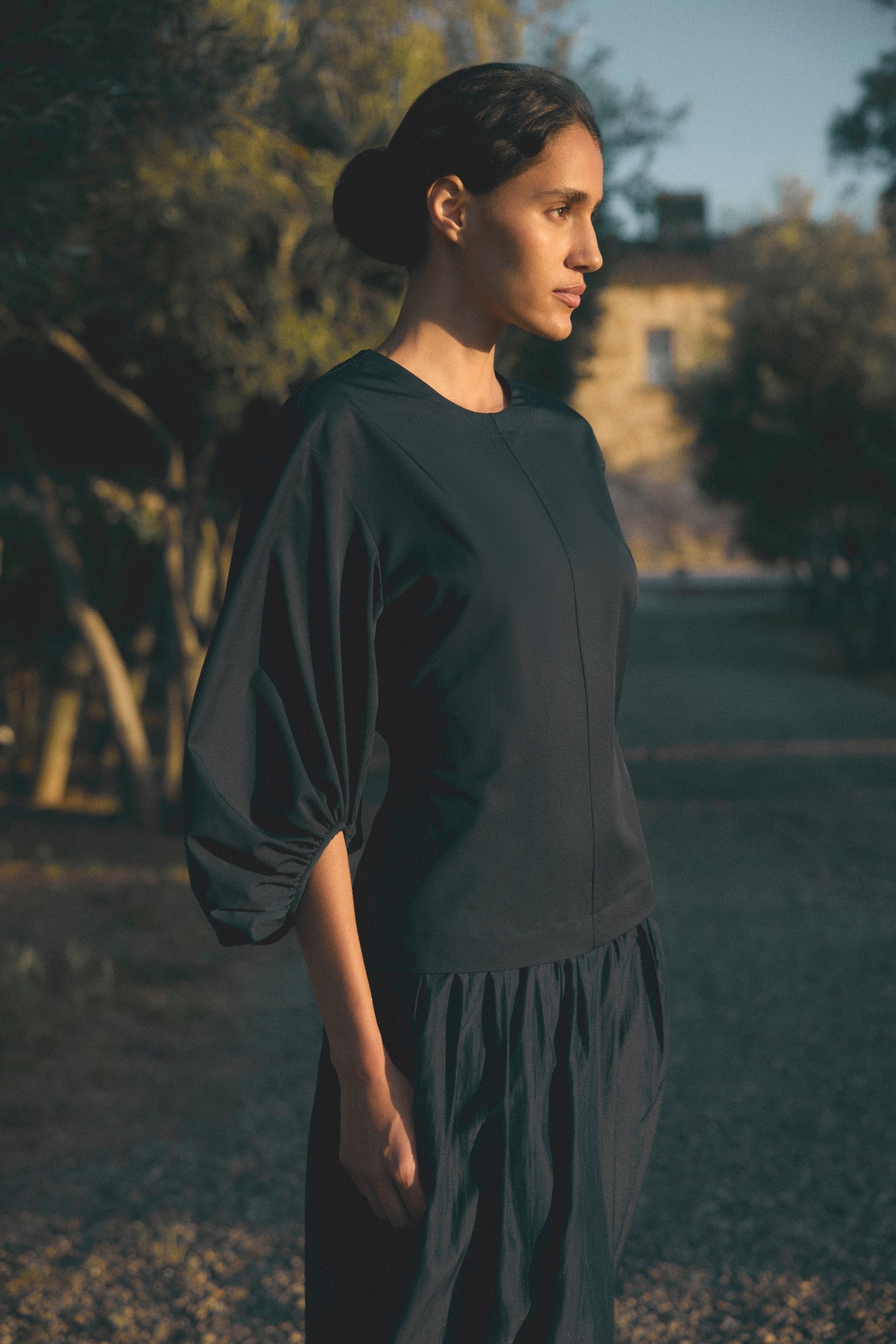 Octavia Balloon-Sleeve Shirred Dress