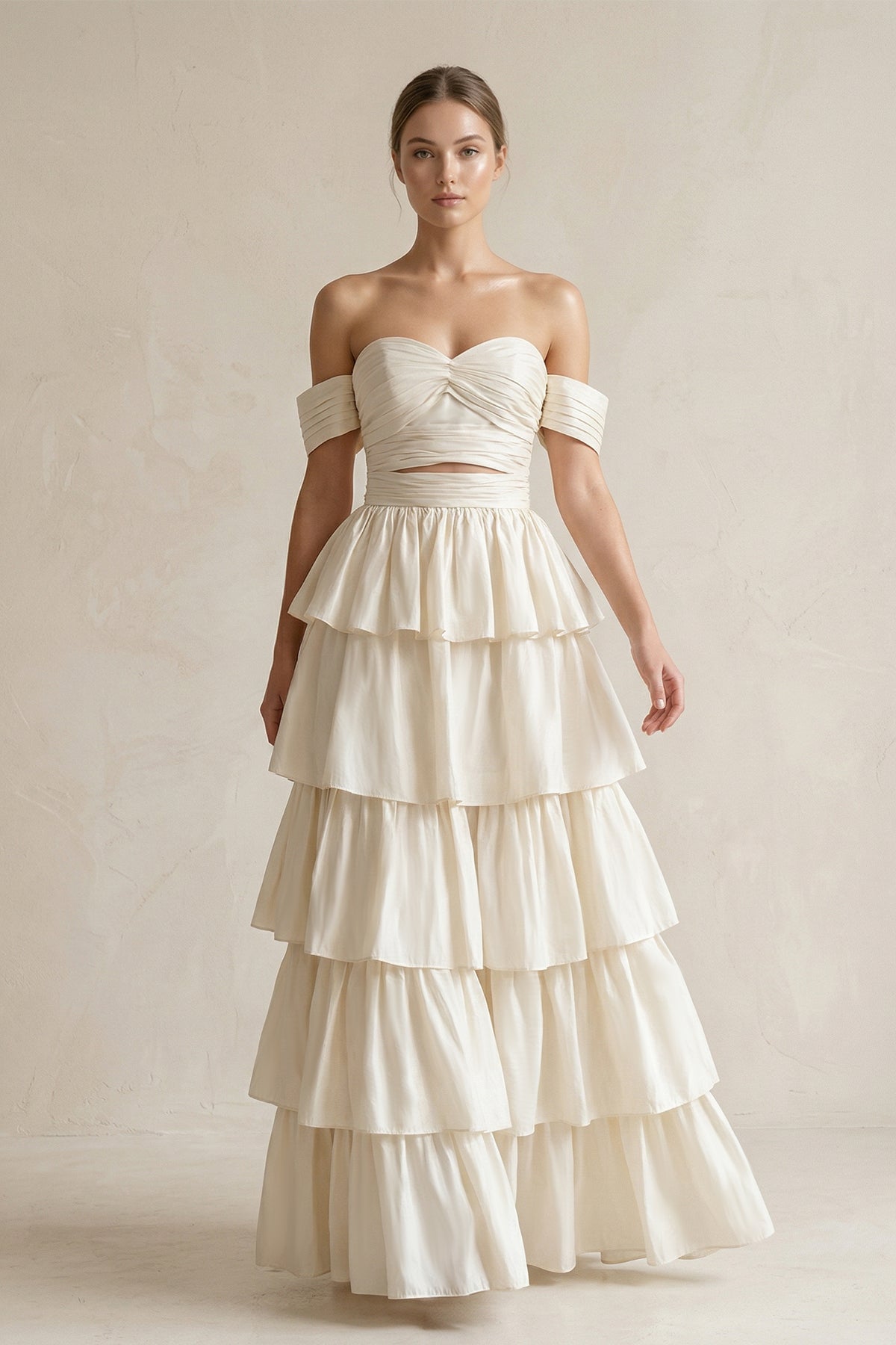 A-Line Beige Multi-Tiered Ruffles Wedding Dresses