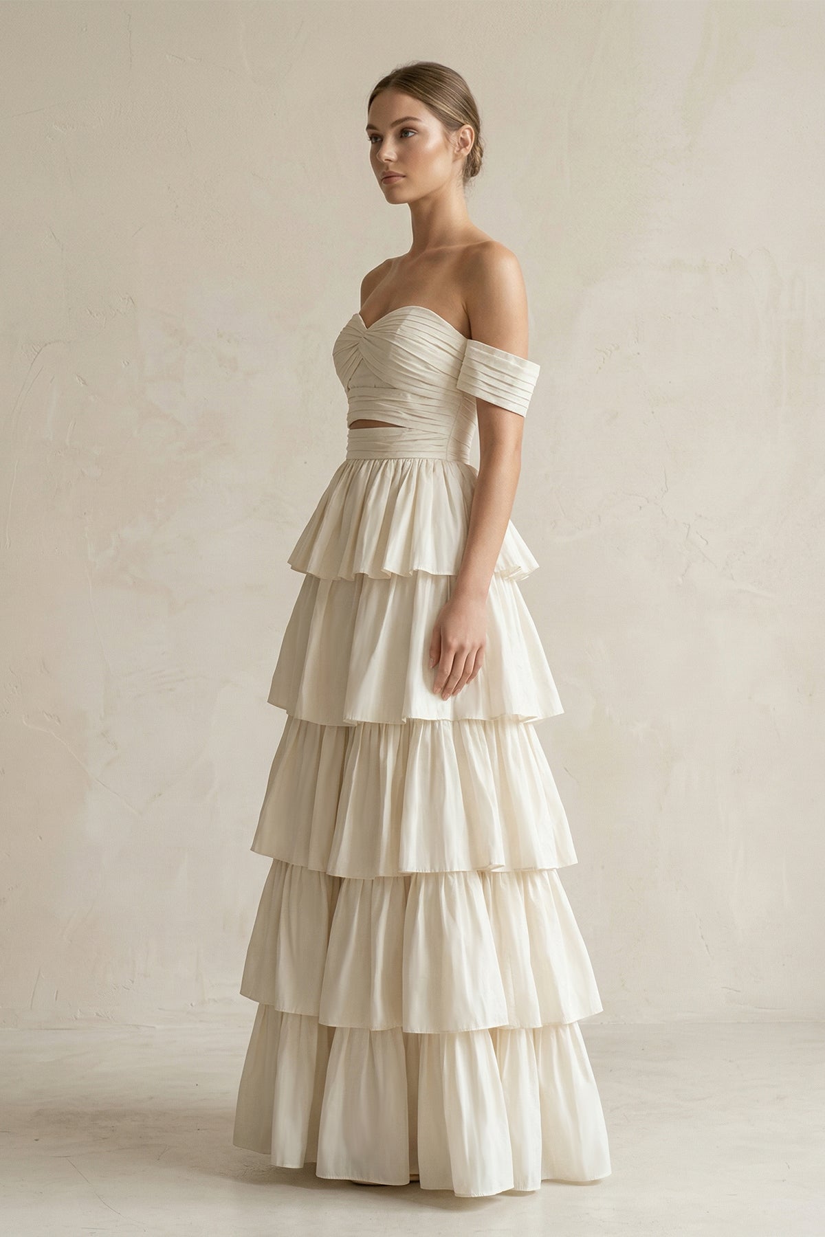 A-Line Beige Multi-Tiered Ruffles Wedding Dresses