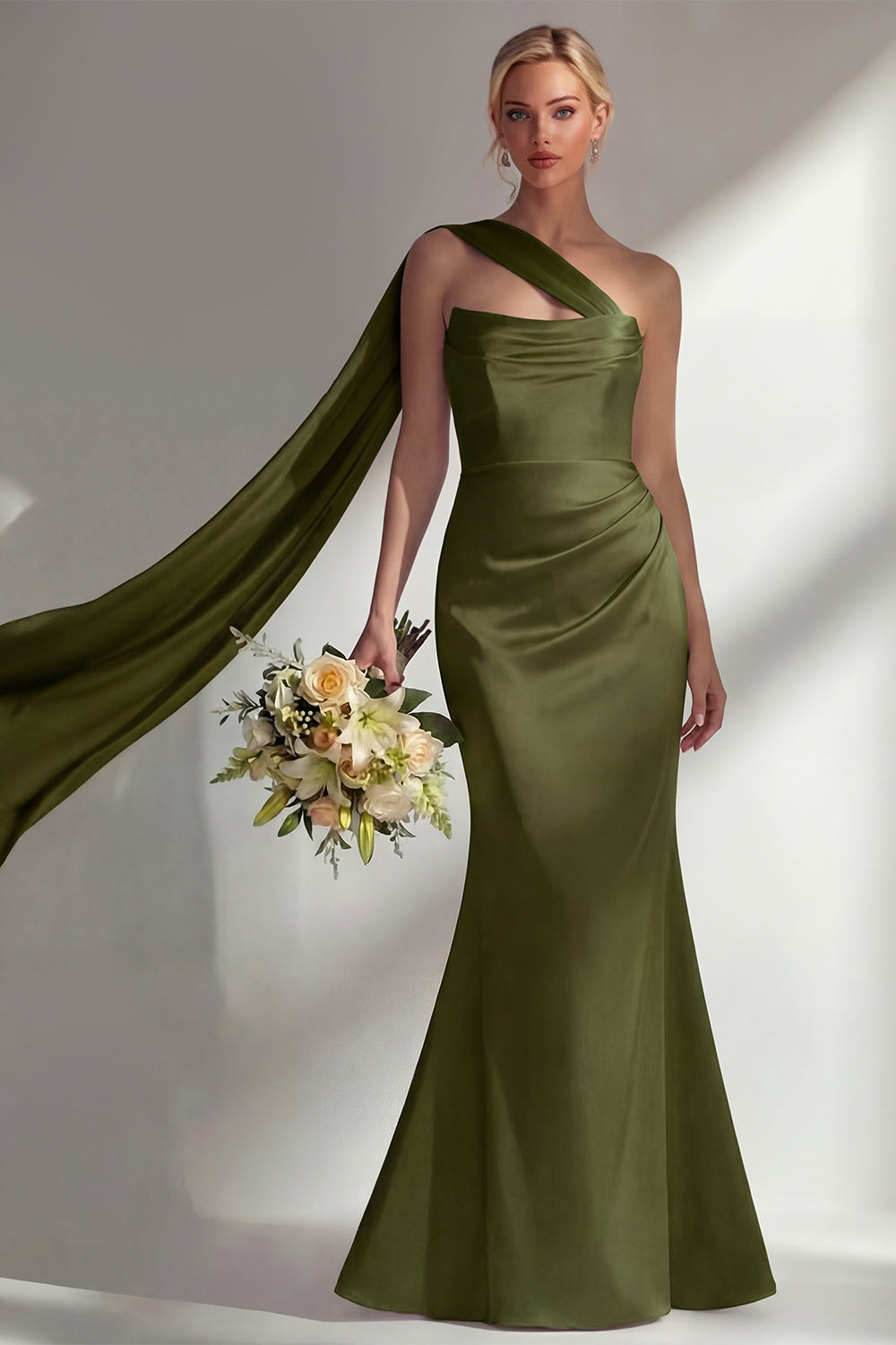 Burgundy Satin Mermaid Neck Scarf Ruched Long Prom Dress