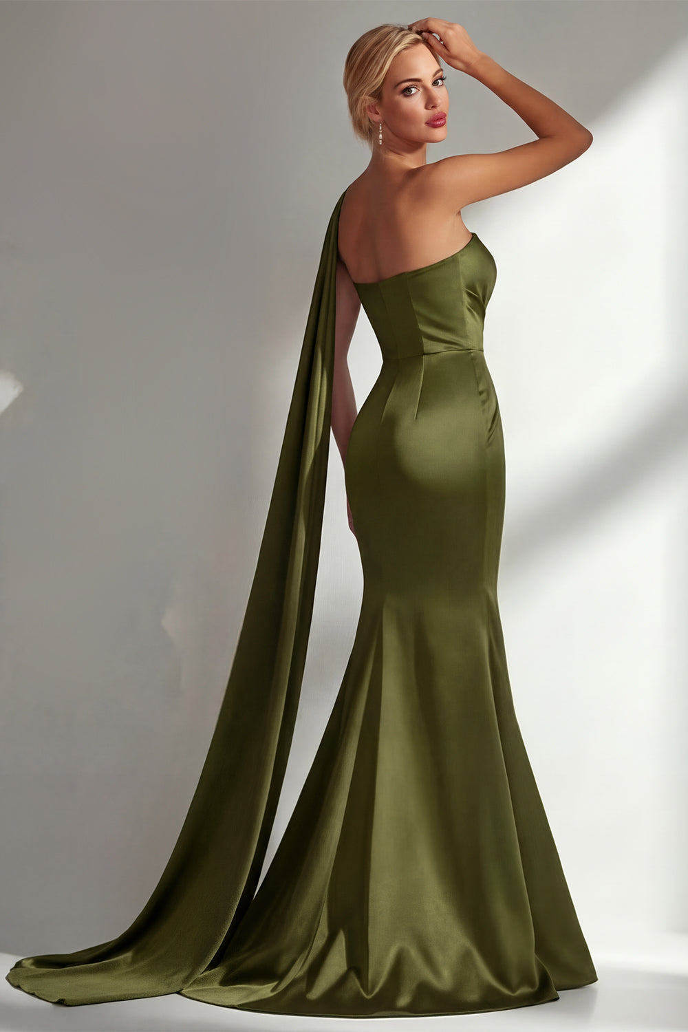 Burgundy Satin Mermaid Neck Scarf Ruched Long Prom Dress