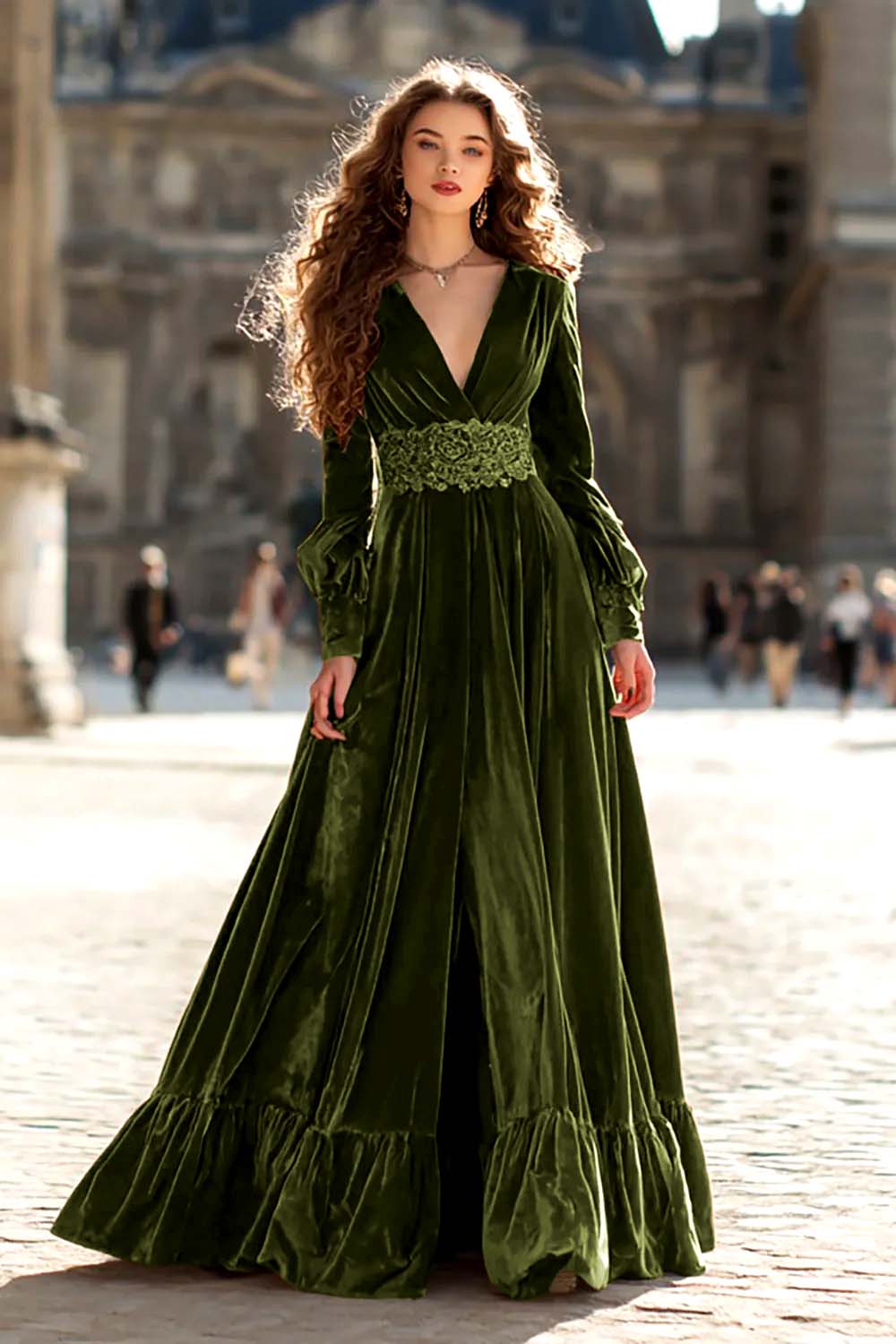 Brown Velvet A Line V-Neck Long Sleeves Formal Dress with Ruffles