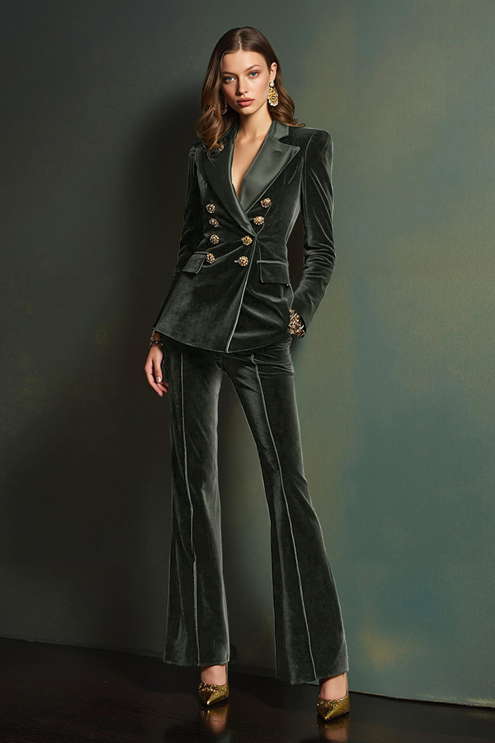 Dark Green Velvet Double Breasted 2 Piece Women Prom Suits with Sleeves