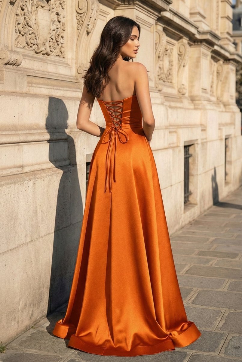 A Line Black Strapless Satin Prom Dresses With Slit