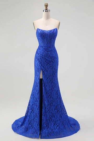 Royal Blue Sweetheart Mermaid Lace Long Corset Prom Dress with Slit