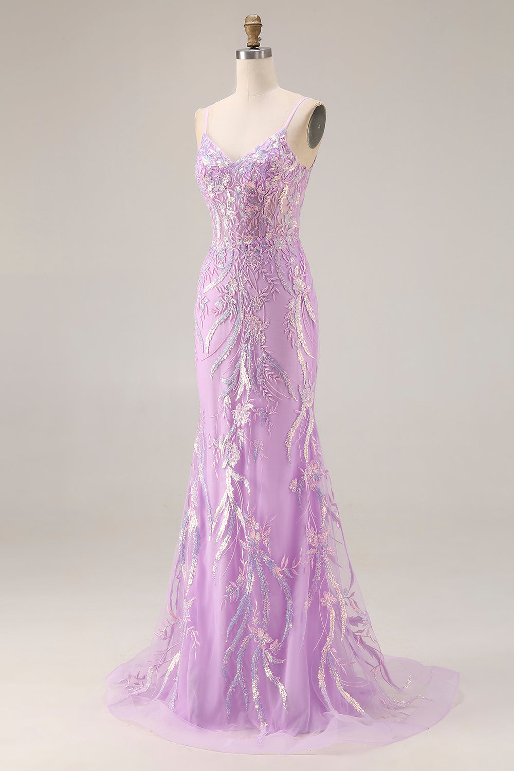 Sparkly Purple Mermaid Floral Lace Long Prom Dress