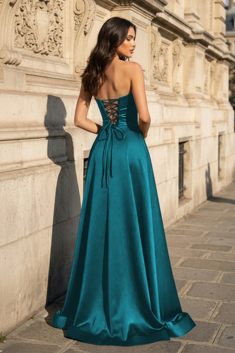 A Line Black Strapless Satin Prom Dresses With Slit