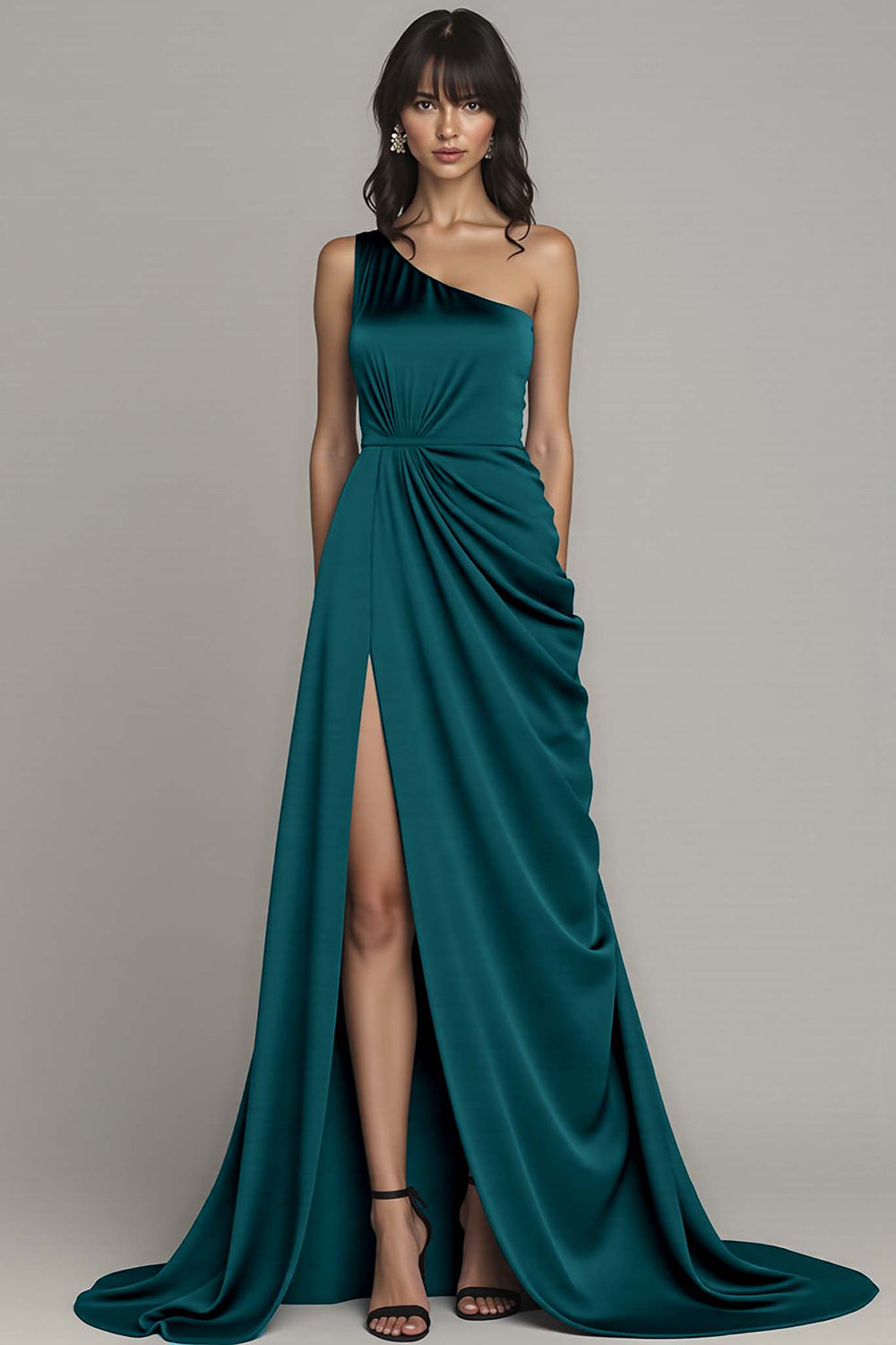 Peacock Satin A Line One Shoulder Satin Long Formal Dress with Slit