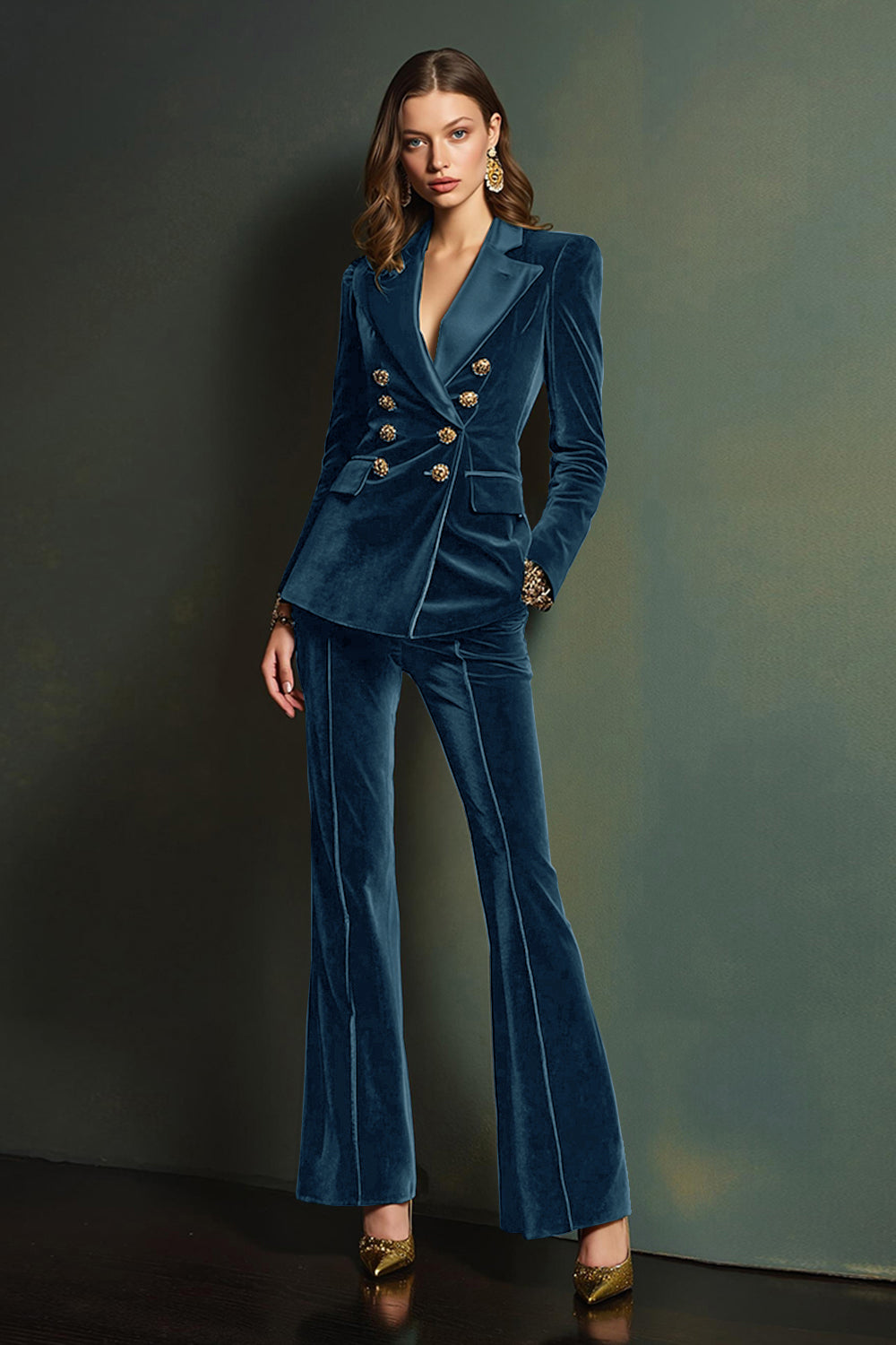 Dark Green Velvet Double Breasted 2 Piece Women Prom Suits with Sleeves