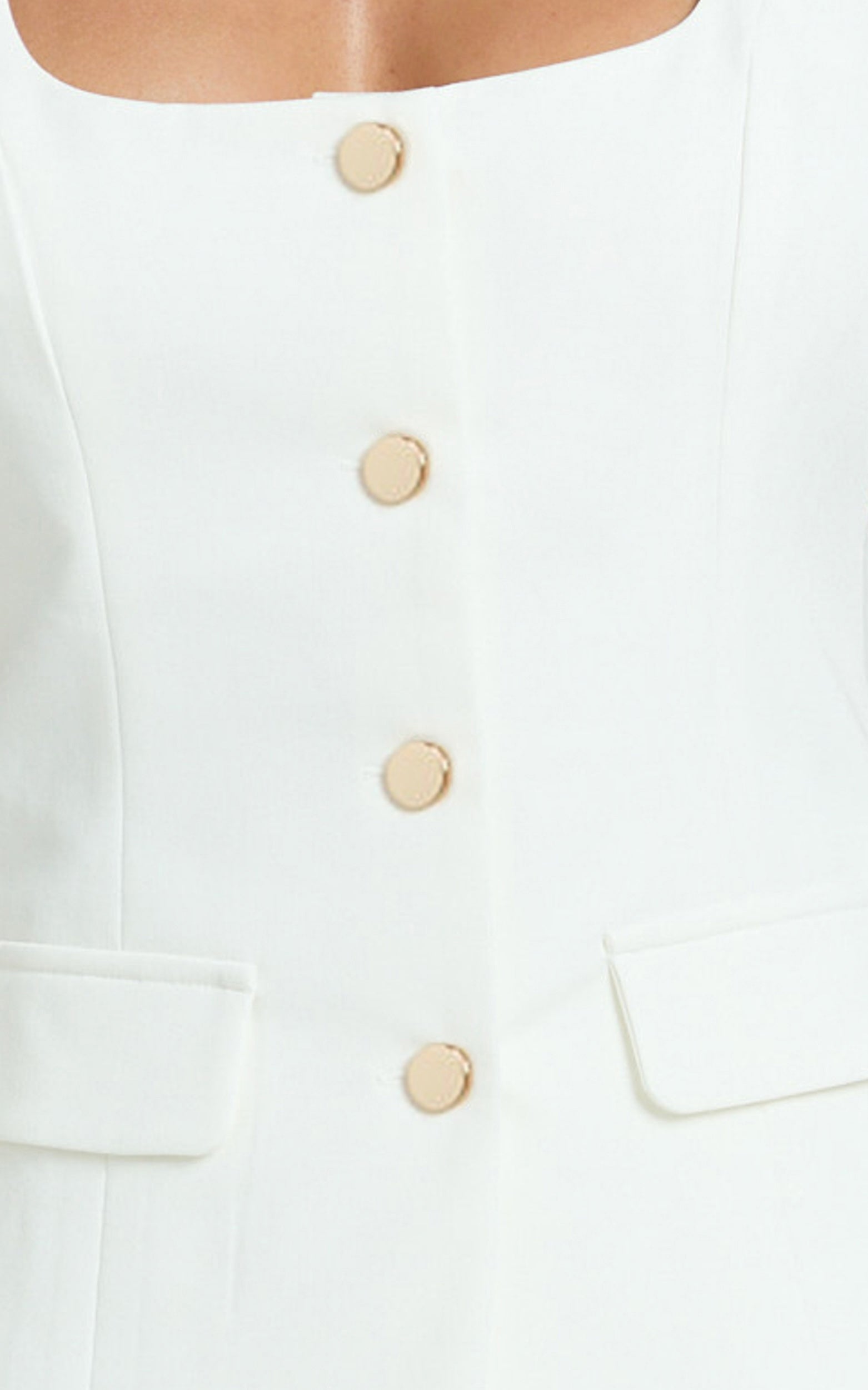 Phyllis Two Piece Set - Tailored Scoop Neck Vest Top and A Line Mini Skirt Set with Gold Buttons in White