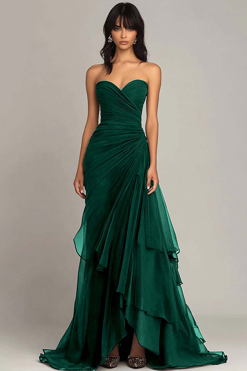 Dark Brown Sweetheart Ruched Long Formal Dress with Ruffles