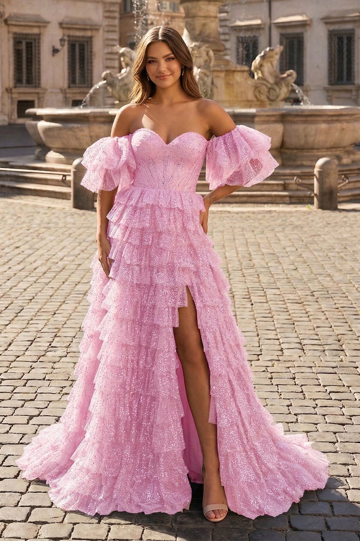 A line Off-the-Shoulder Glitter Tulle Prom Dress with Slit