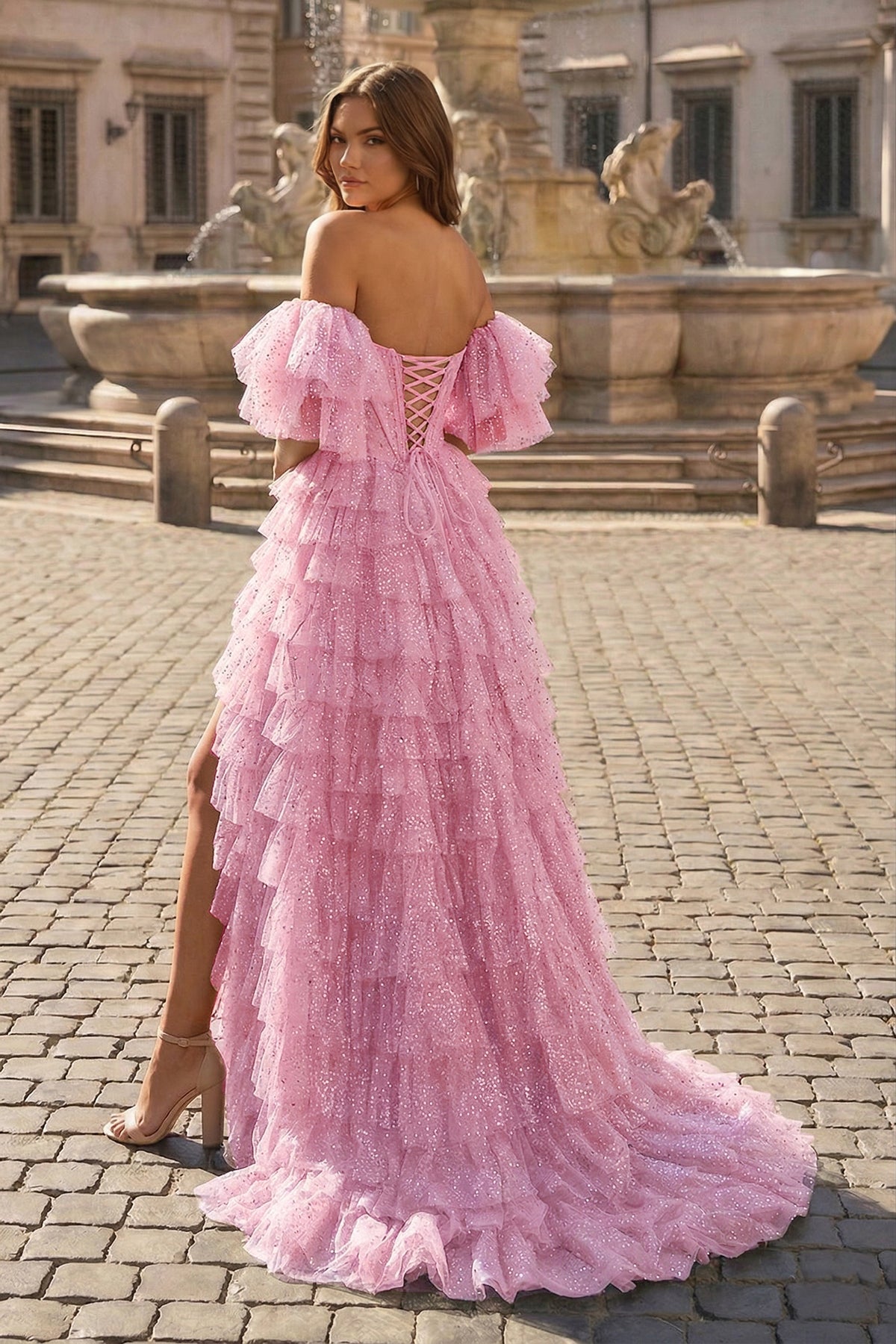 A line Off-the-Shoulder Glitter Tulle Prom Dress with Slit