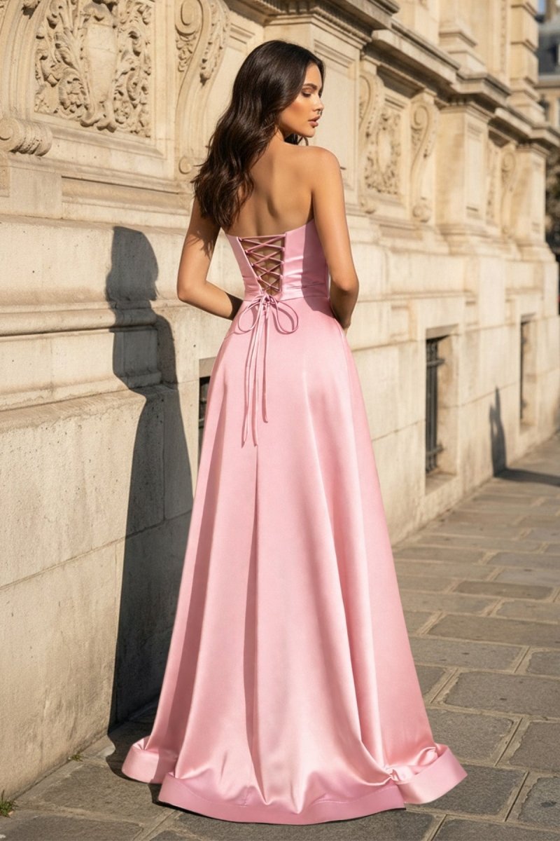 A Line Black Strapless Satin Prom Dresses With Slit