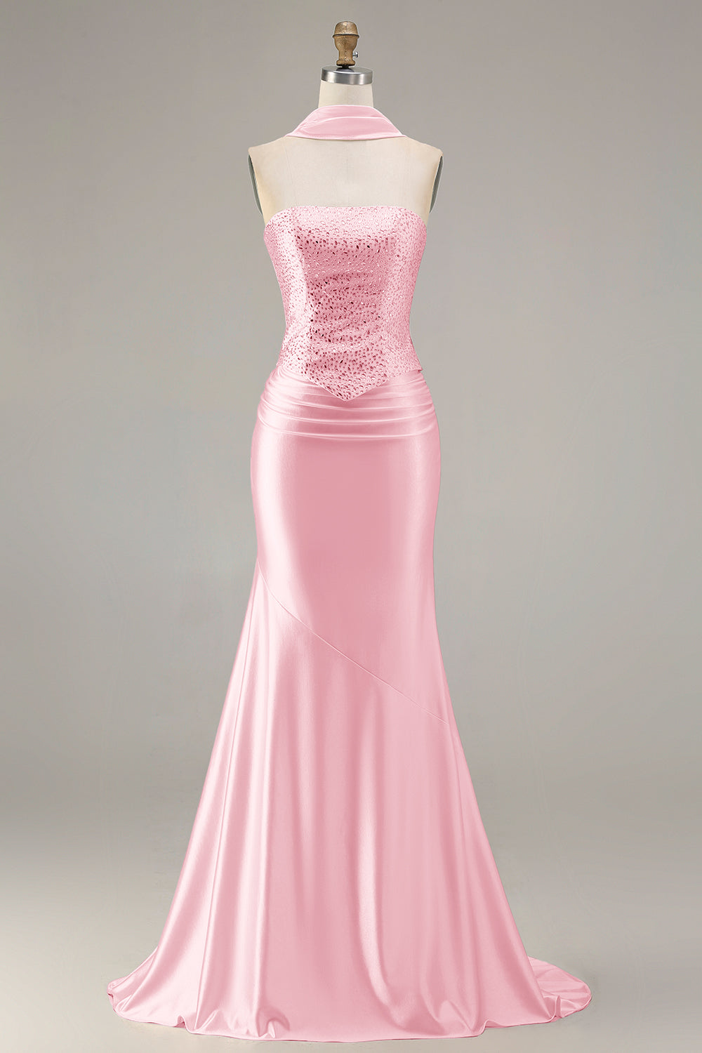Sparkly Champagne Mermaid Neck Scarf Long Prom Dress with Beading