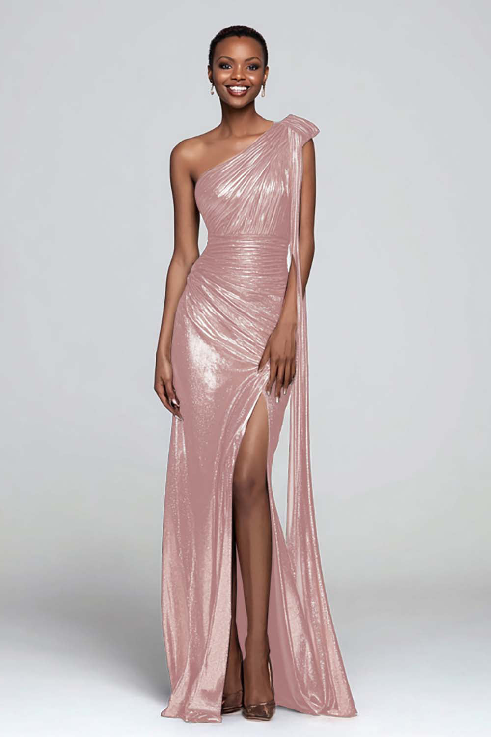 Sparkly Brown One Shoulder Metallic Mermaid Long Formal Dress with Slit