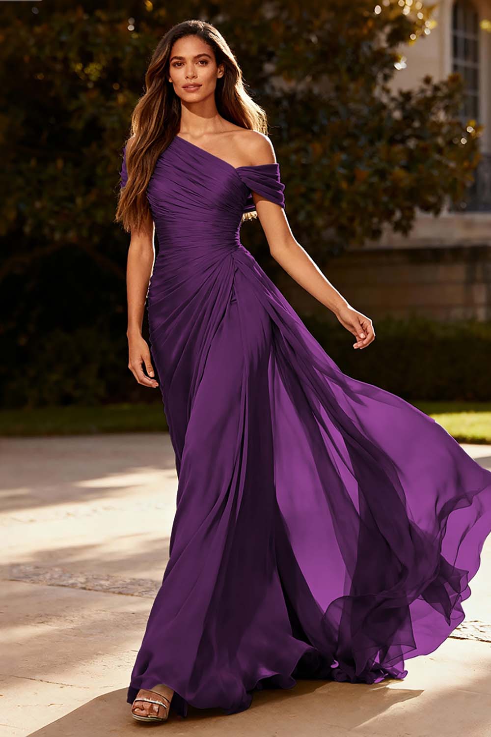 Plus Size Dusty Sage Chiffon A Line Ruched Long Formal Dress with Side Cape