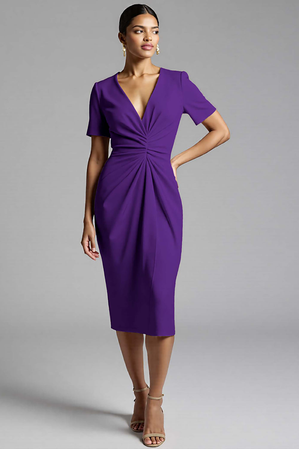 Champagne Bodycon V-Neck Midi Satin Work Dress with Short Sleeves