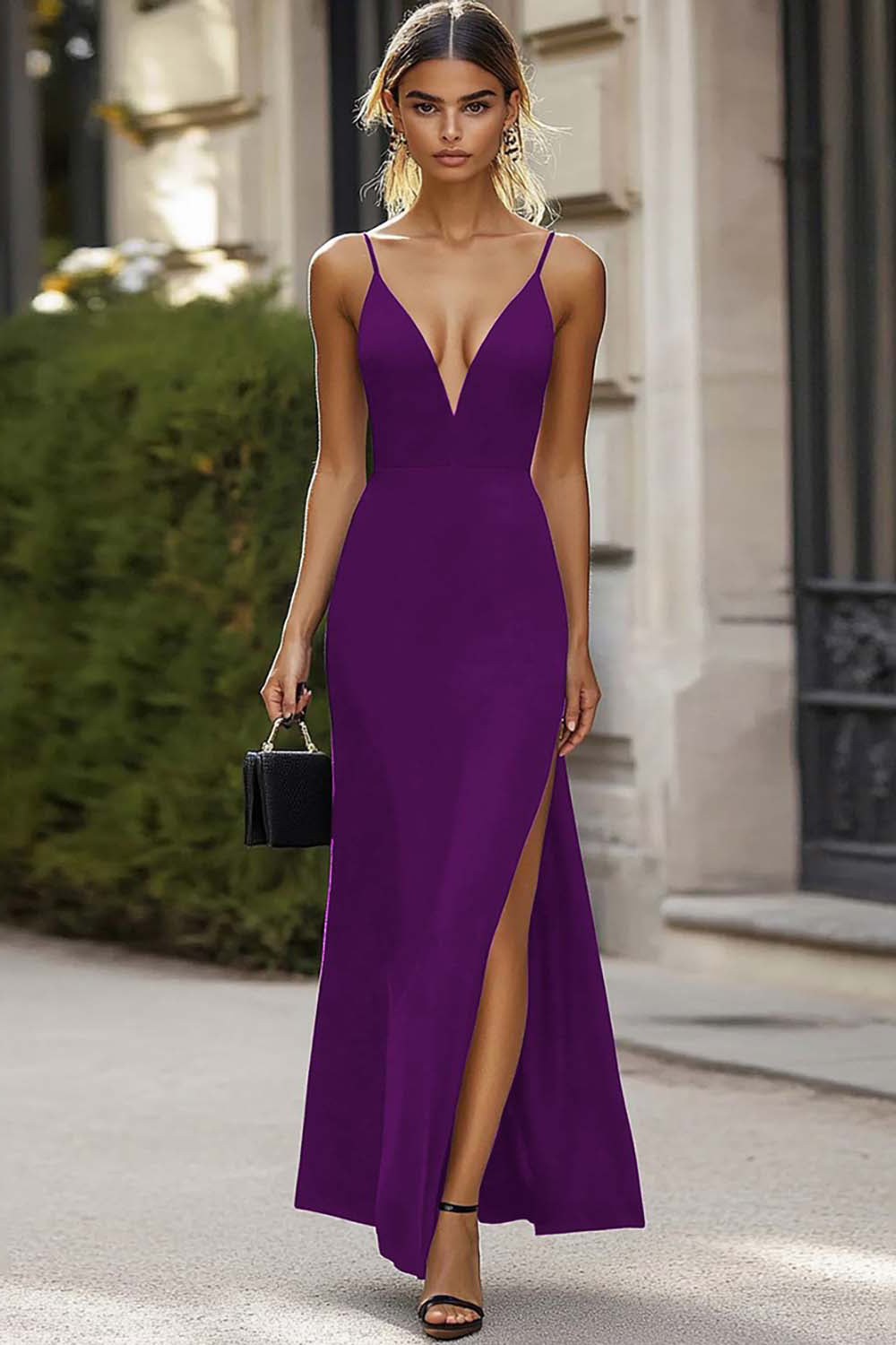 Black Deep V-Neck Satin Sheath Long Formal Dress with Slit