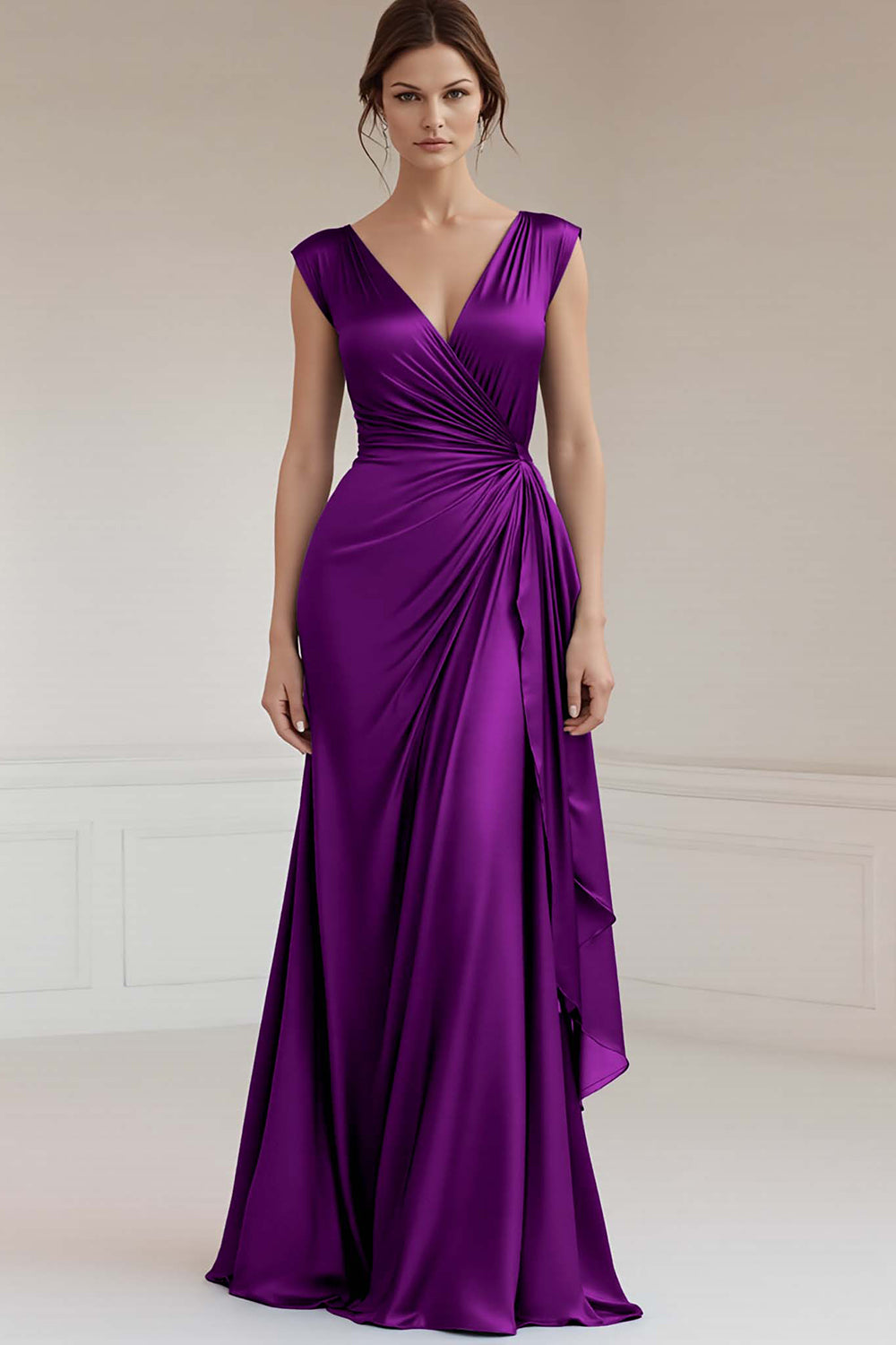 Peacock V-Neck Sheath Ruched Long Formal Dress with Ruffles