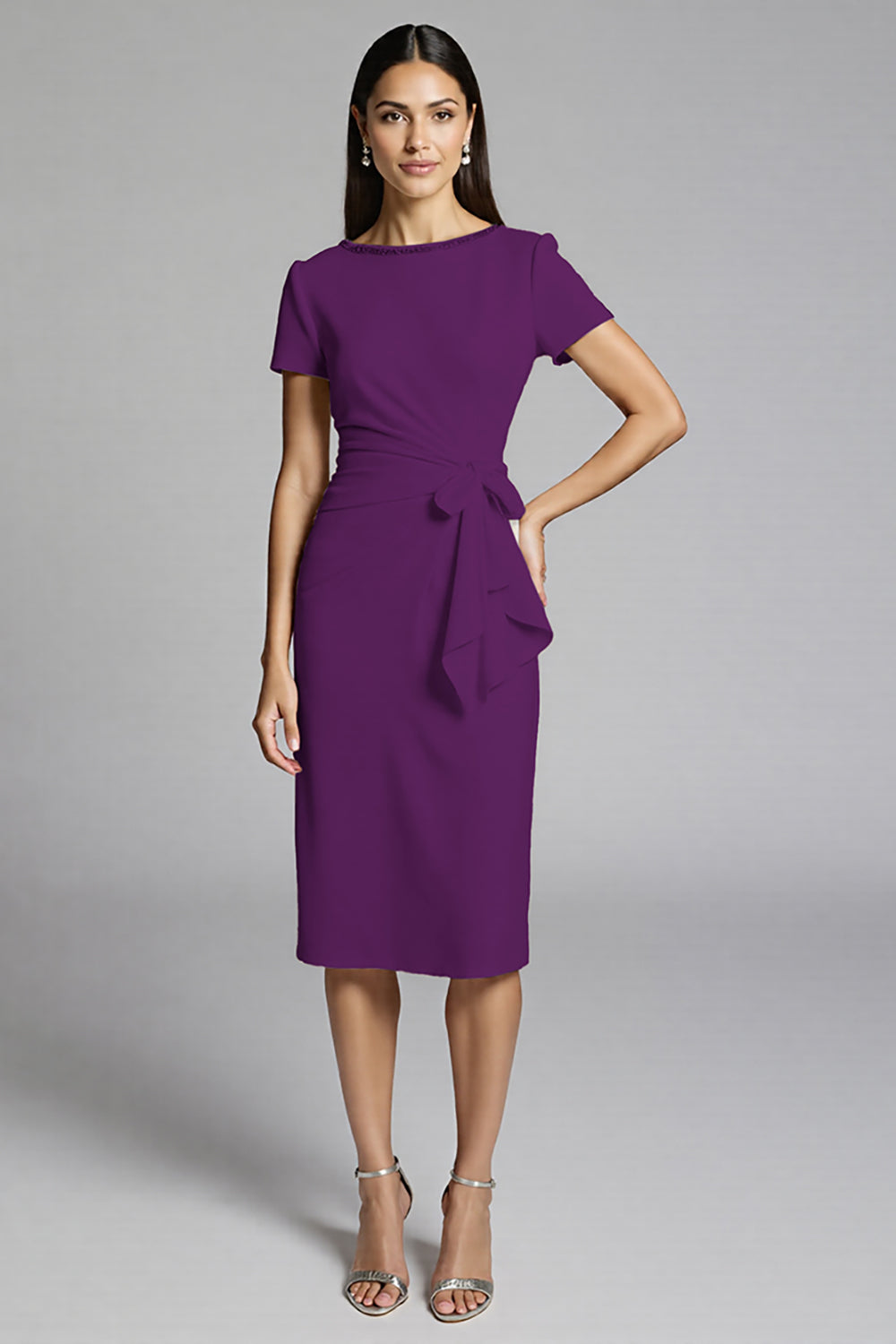 Royal Blue Bodycon Ruffled Satin Midi Work Dress with Ruffles