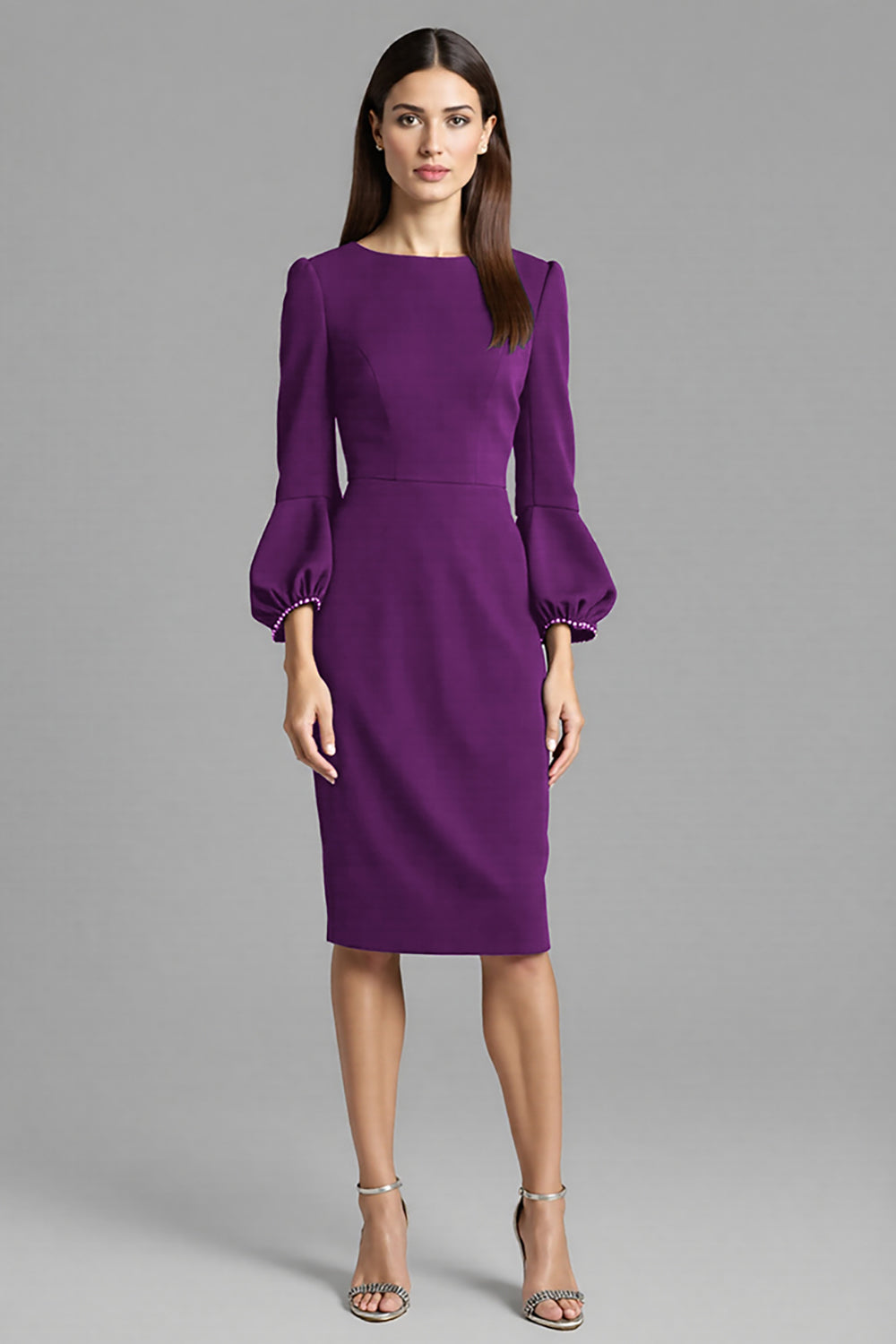 Navy Satin Bodycon Midi Bateau Neck Work Dress with Long Sleeves