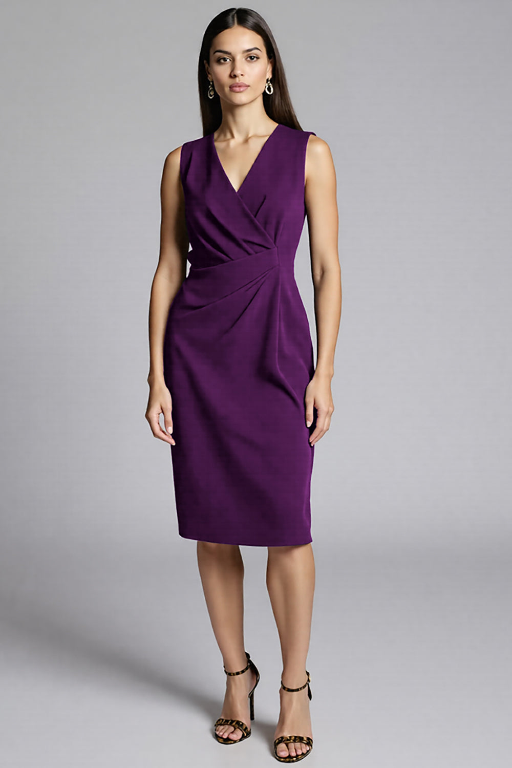 Royal Blue Satin Bodycon V-Neck Midi Work Dress