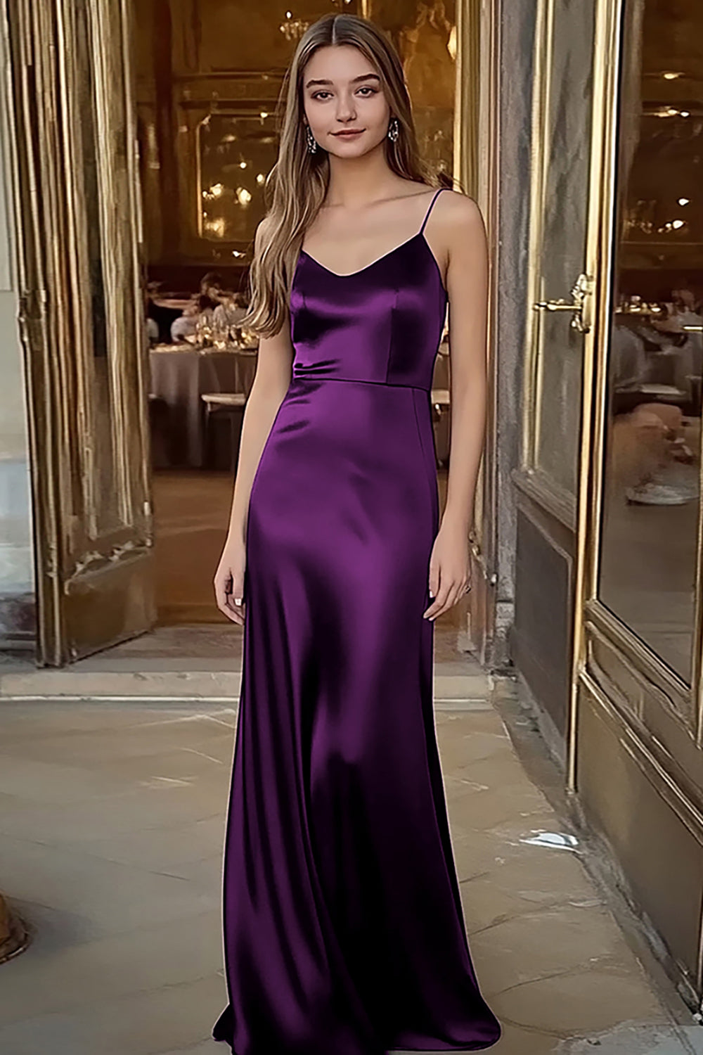 Royal Blue Satin Spaghetti Straps Long Sheath Formal Dress
