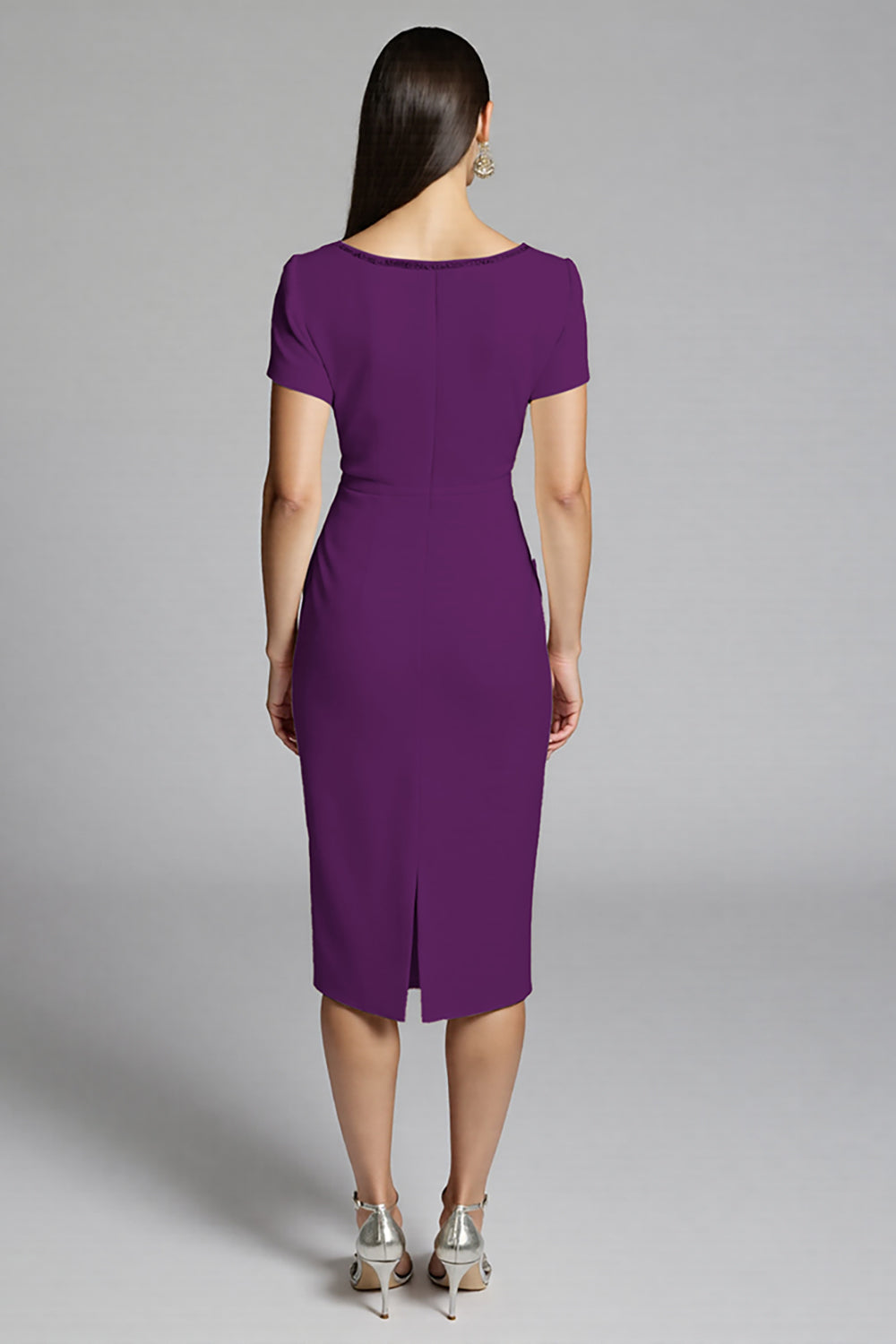 Beige Bodycon Midi Satin Work Dress with Short Sleeves