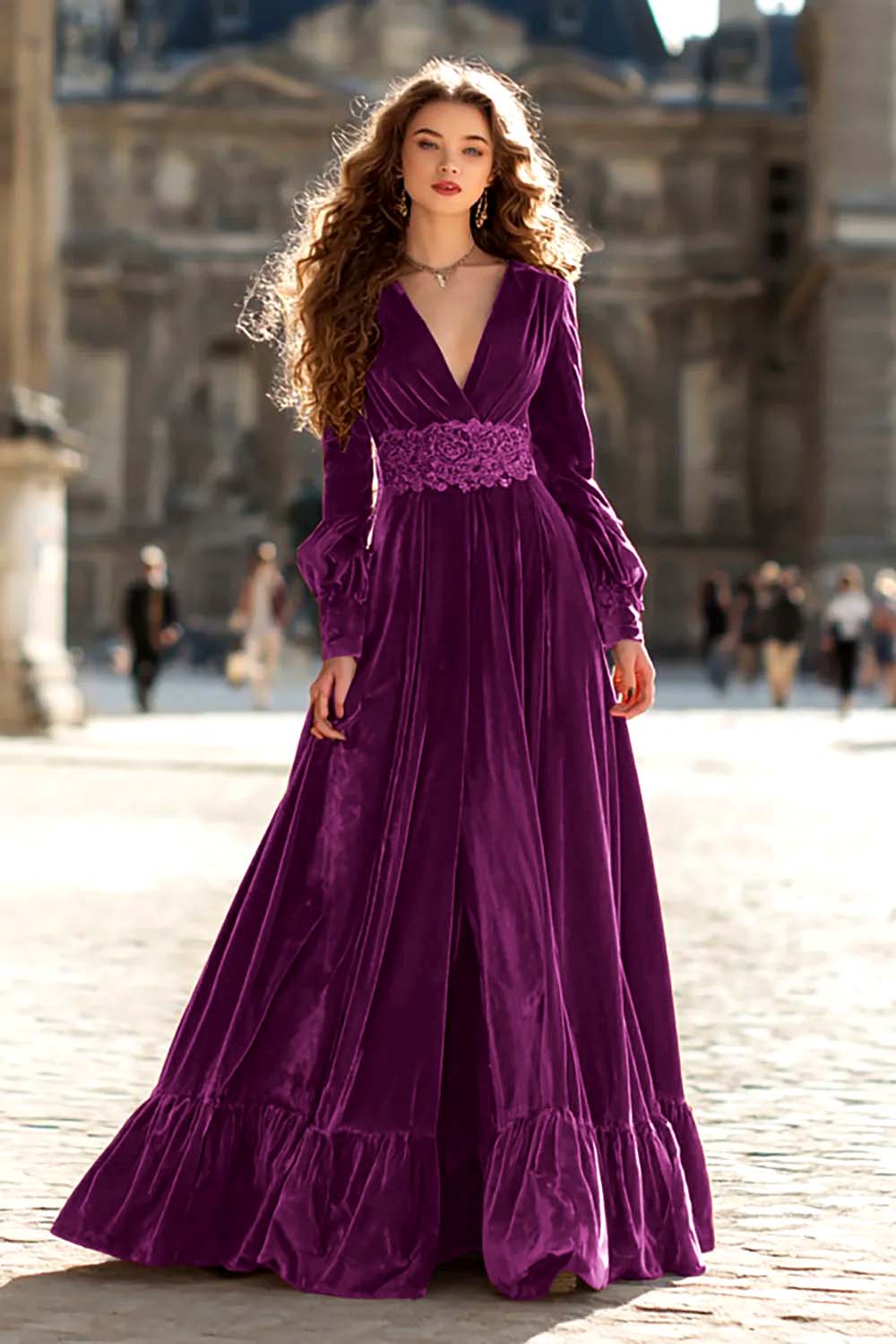 Brown Velvet A Line V-Neck Long Sleeves Formal Dress with Ruffles