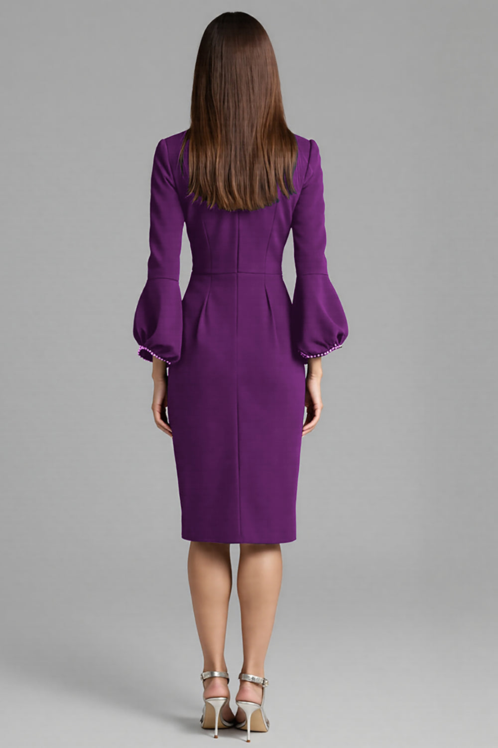 Navy Satin Bodycon Midi Bateau Neck Work Dress with Long Sleeves