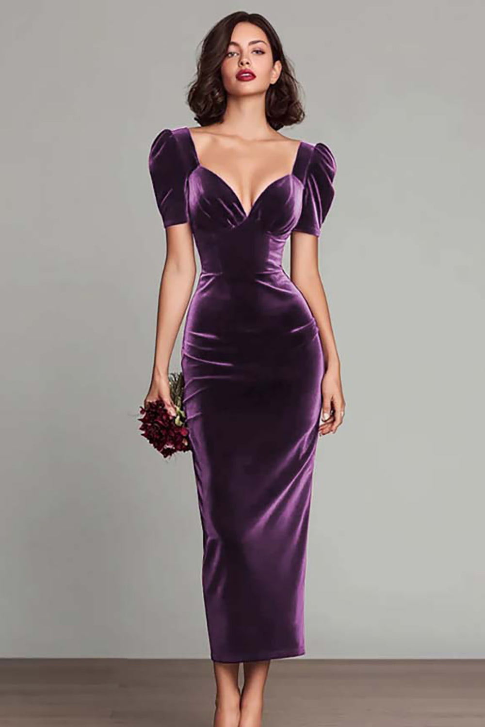 Simple Burgundy Velvet Sheath Long Holiday Party Dress with Sleeves
