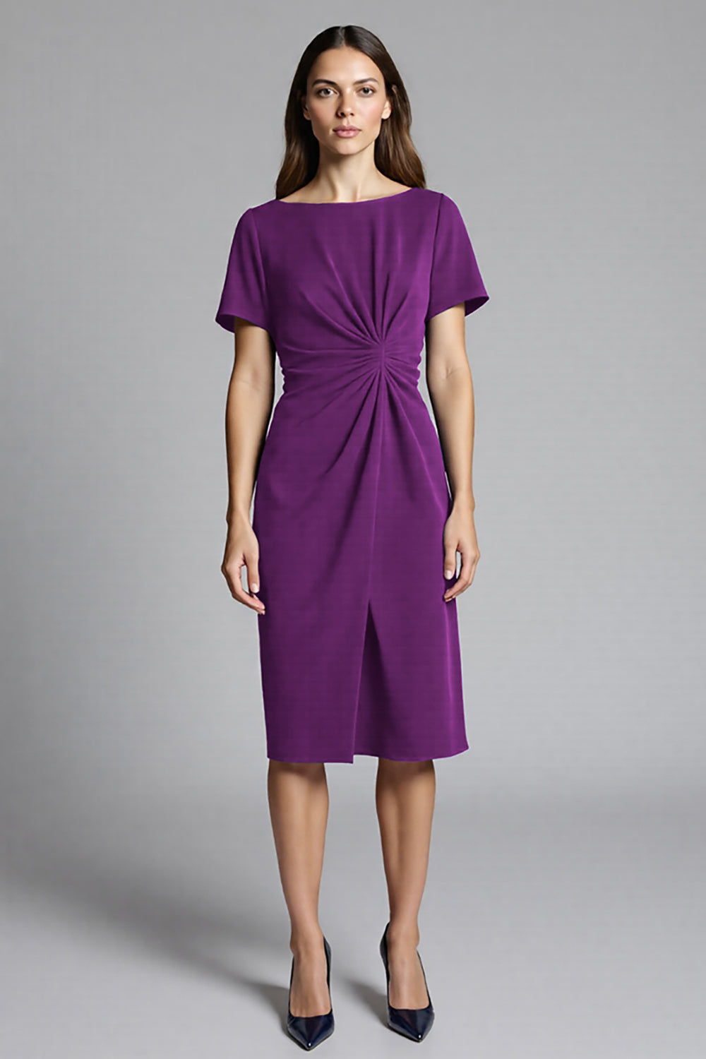 Royal Blue Bateau Neck Bodycon Ruched Midi Satin Work Dress with Sleeves