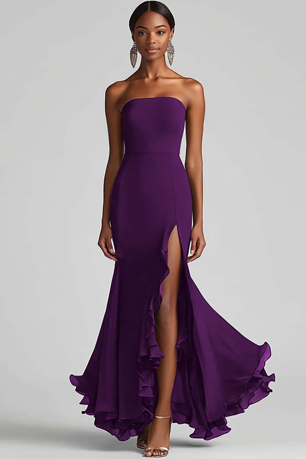 Royal Blue Sheath Chiffon Long Strapless Formal Dress with Slit