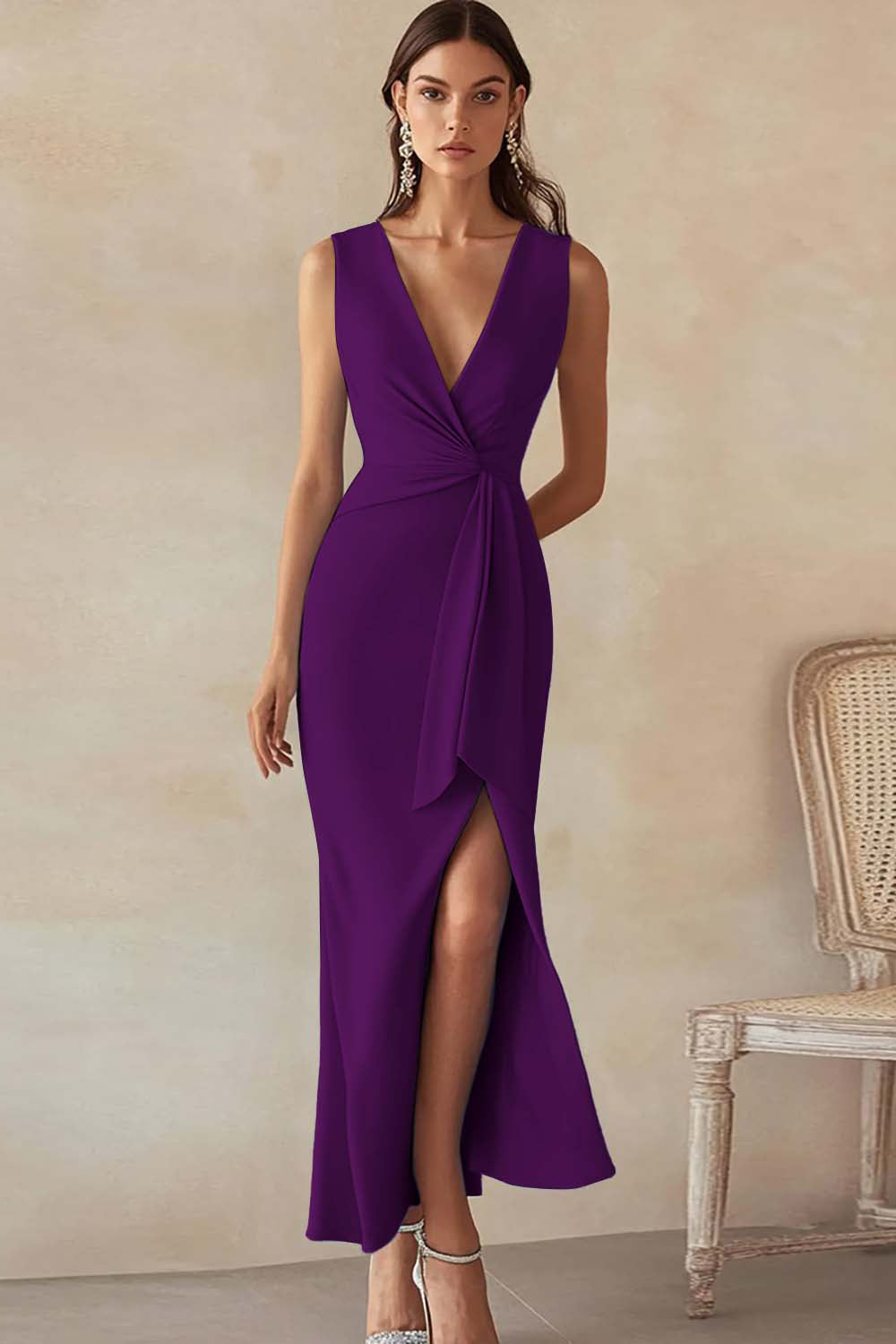 Lilac Satin Sheath Deep V-Neck Long Ruched Work Dress with Slit